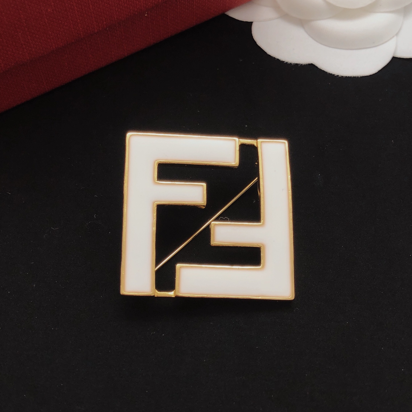 Fendi FF Logo Brooch brooch gold-tone metal with white enamel 4cm width