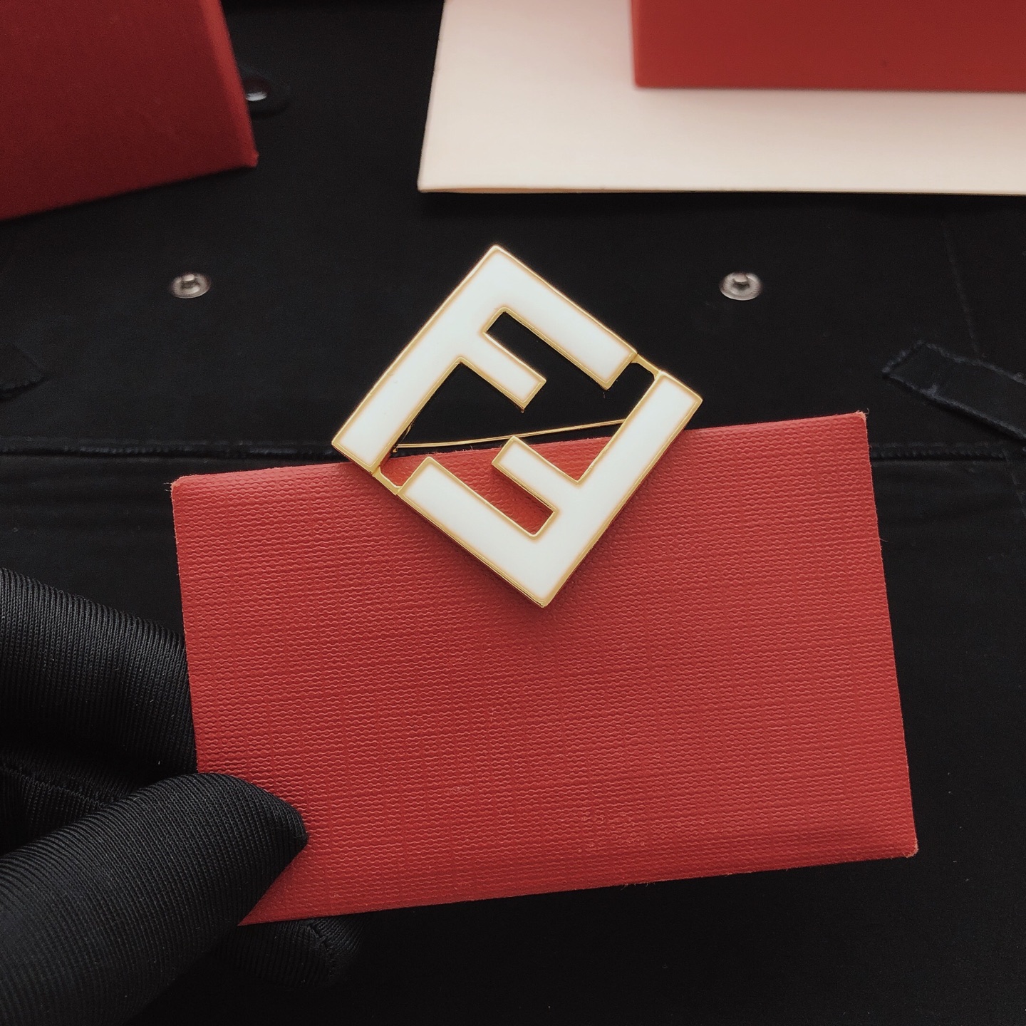 Fendi FF Logo Brooch brooch gold-tone metal with white enamel 4cm width