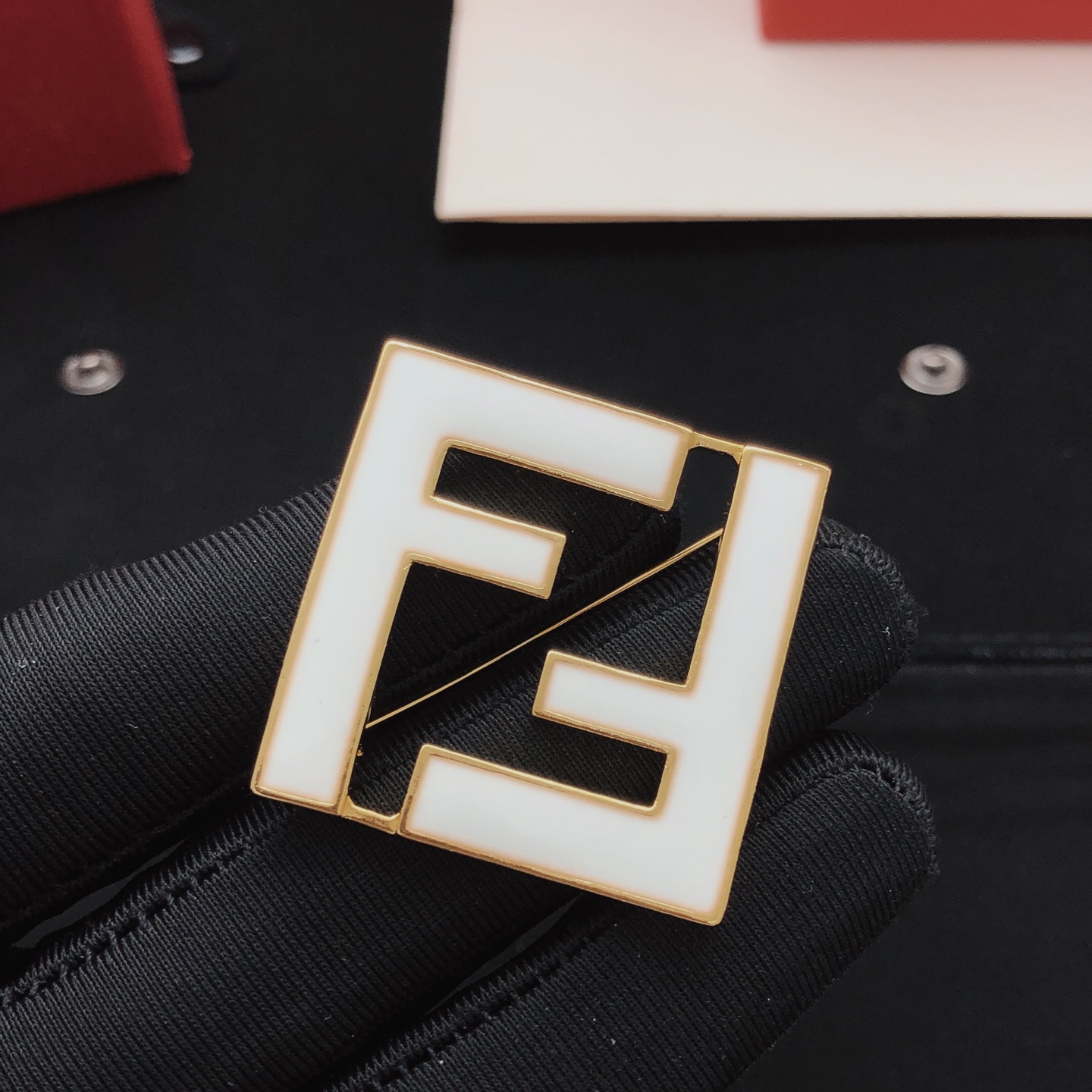 Fendi FF Logo Brooch brooch gold-tone metal with white enamel 4cm width