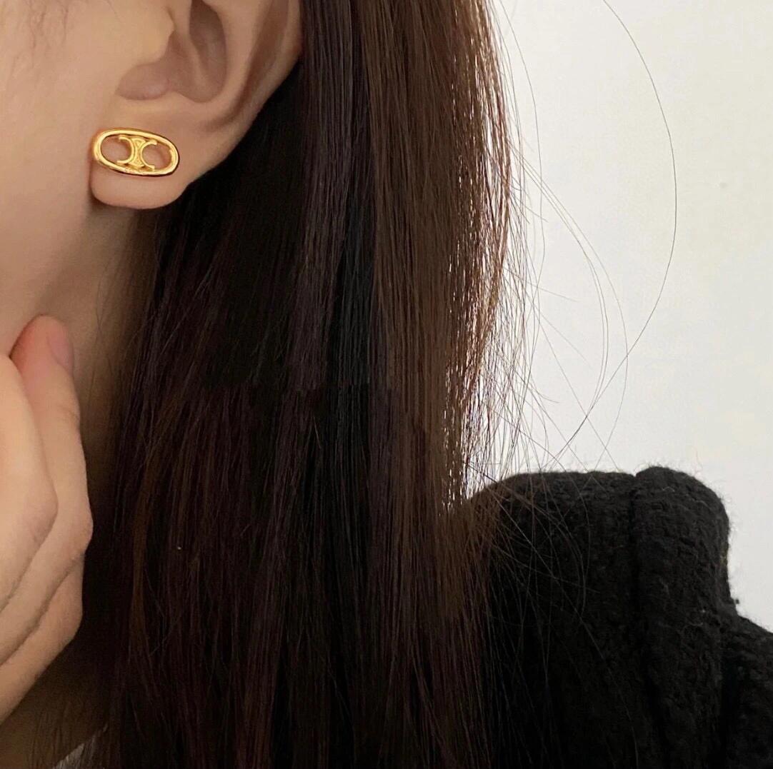 Celine Triomphe Oval Stud Earrings earrings gold-tone metal 1cm stud diameter