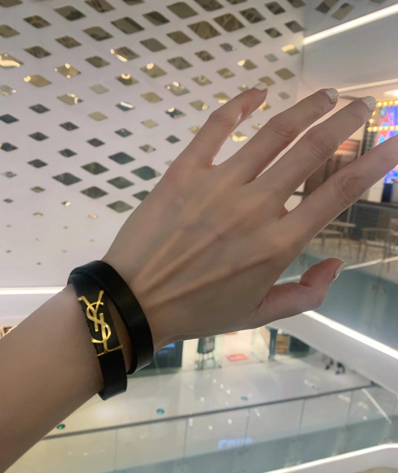 Saint Laurent YSL Monogram Leather Bracelet bracelet Black leather with gold-tone metal hardware 19cm