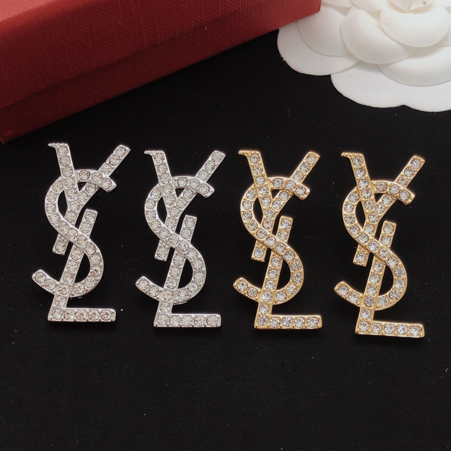 Saint Laurent YED0011 Cassandre Monogram earrings gold-tone metal with clear crystal rhinestones 3cm length