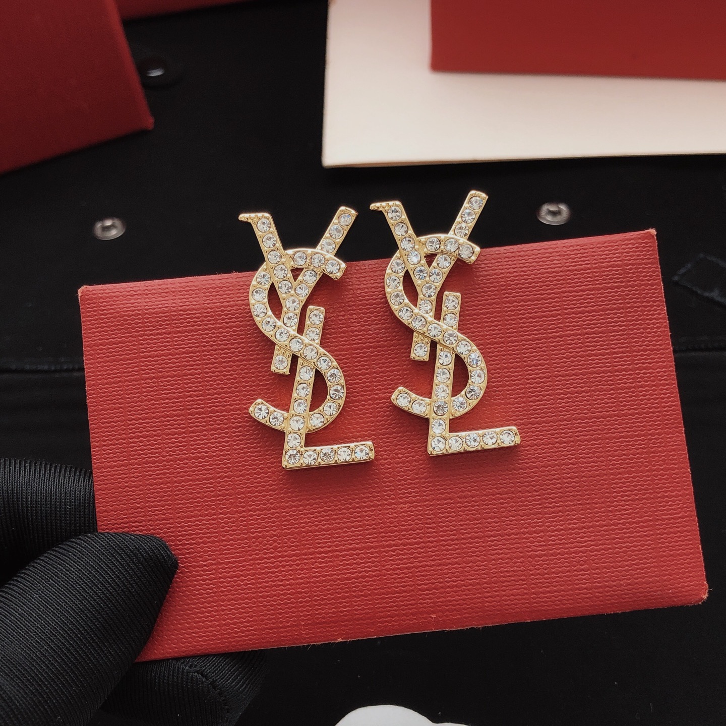 Saint Laurent YED0011 Cassandre Monogram earrings gold-tone metal with clear crystal rhinestones 3cm length