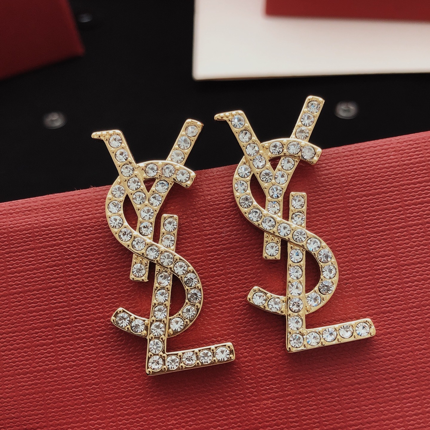 Saint Laurent YED0011 Cassandre Monogram earrings gold-tone metal with clear crystal rhinestones 3cm length
