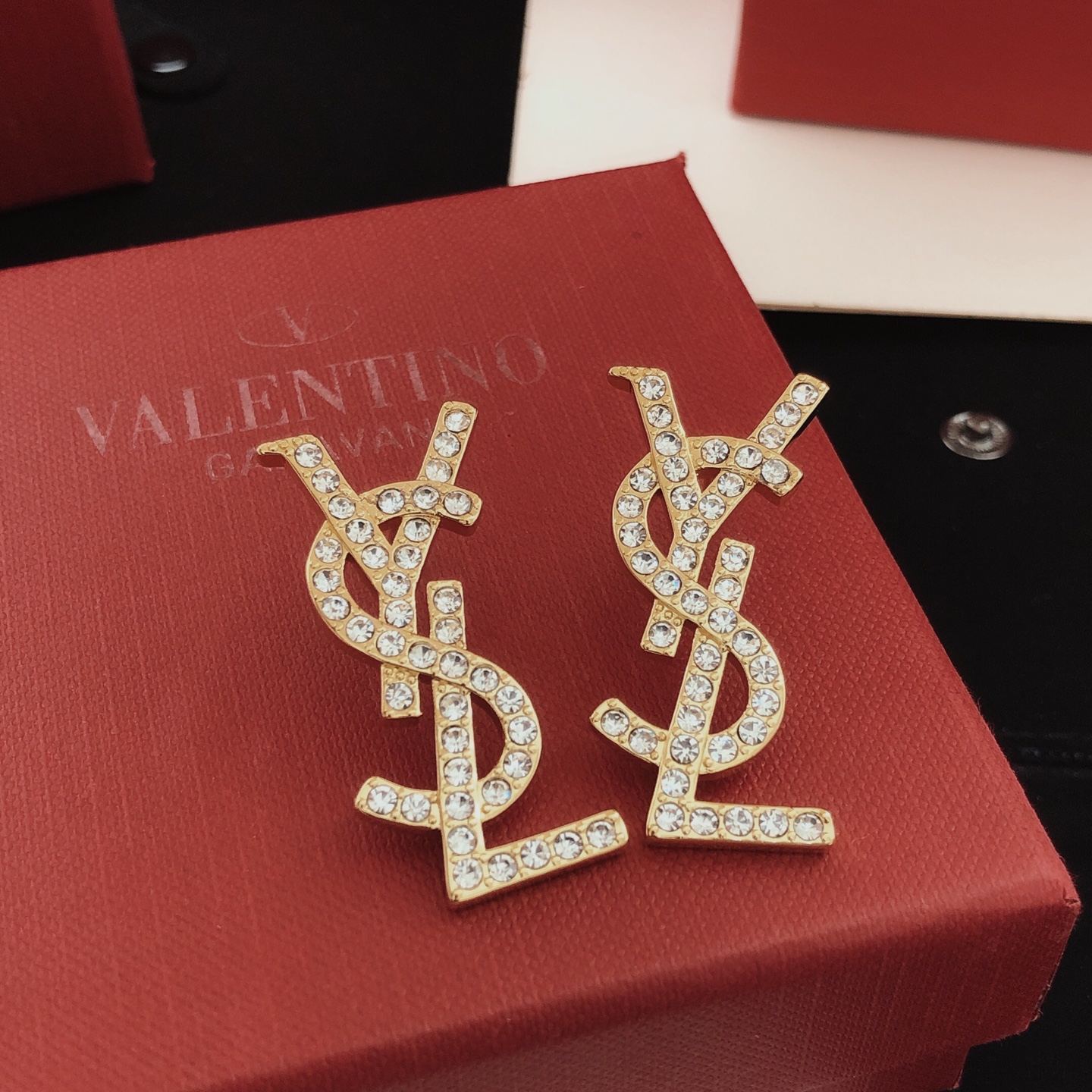 Saint Laurent YED0011 Cassandre Monogram earrings gold-tone metal with clear crystal rhinestones 3cm length