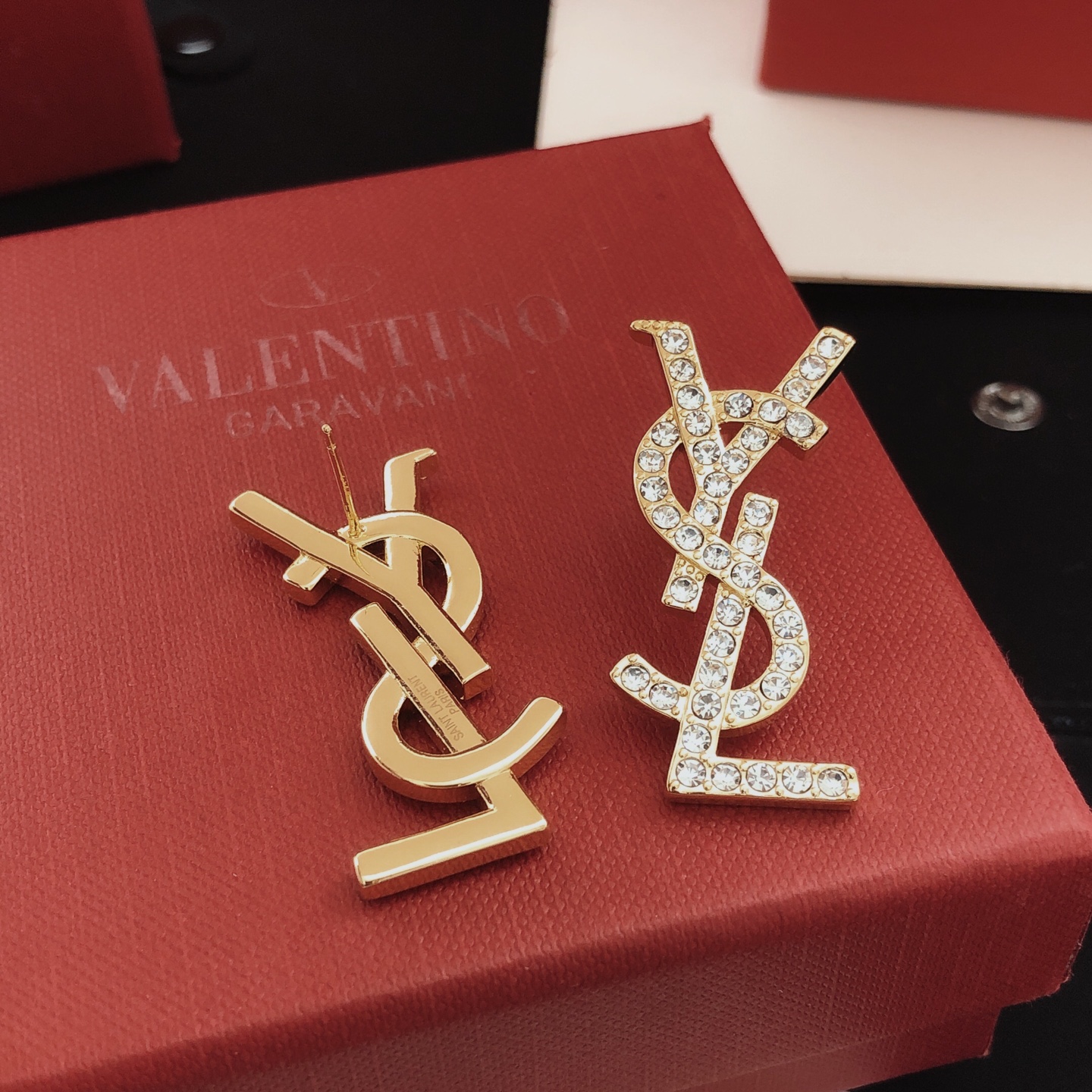 Saint Laurent YED0011 Cassandre Monogram earrings gold-tone metal with clear crystal rhinestones 3cm length
