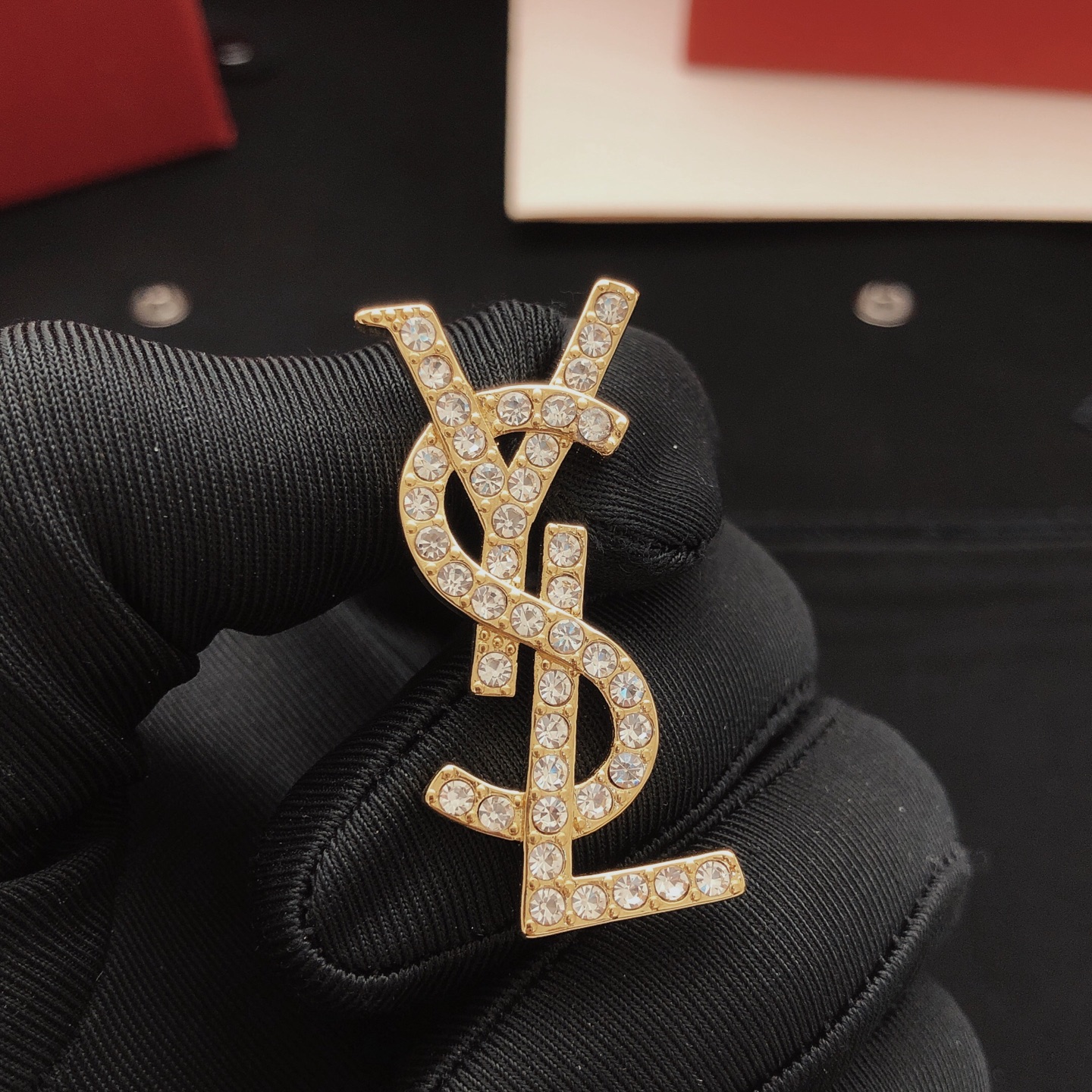 Saint Laurent YED0011 Cassandre Monogram earrings gold-tone metal with clear crystal rhinestones 3cm length