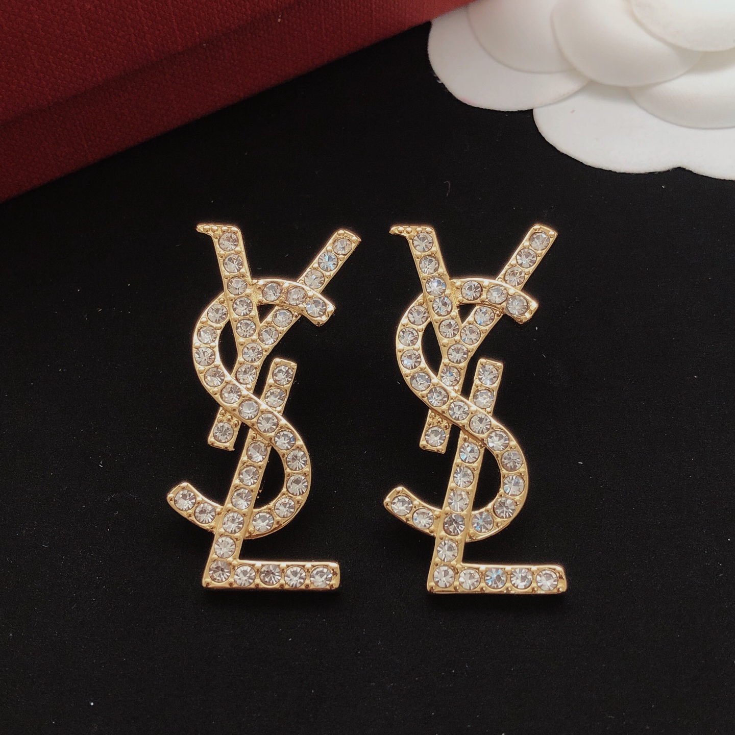 Saint Laurent YED0011 Cassandre Monogram earrings gold-tone metal with clear crystal rhinestones 3cm length