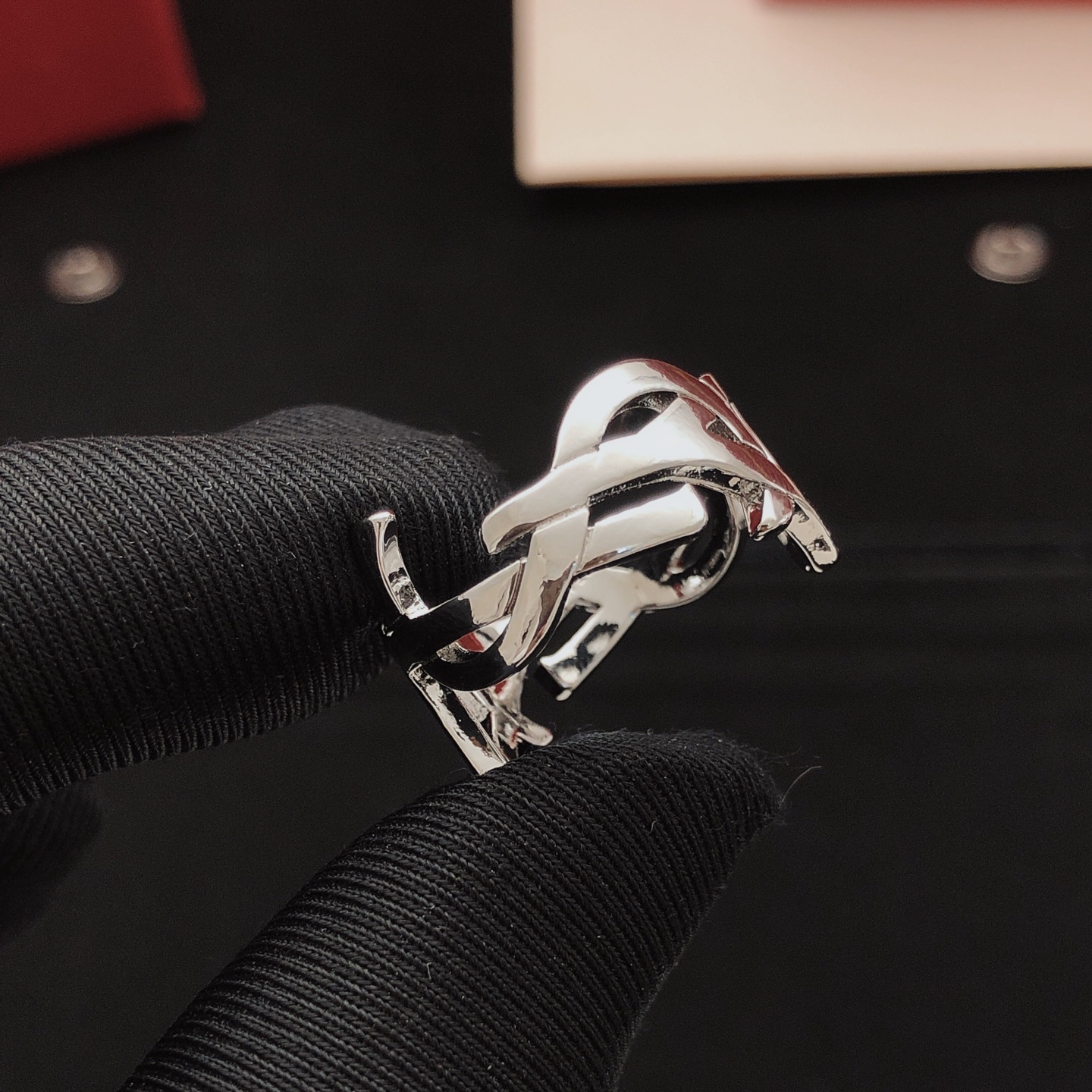 Saint Laurent YSL Monogram Openwork Ring ring silver-toned metal no accent stones US 7