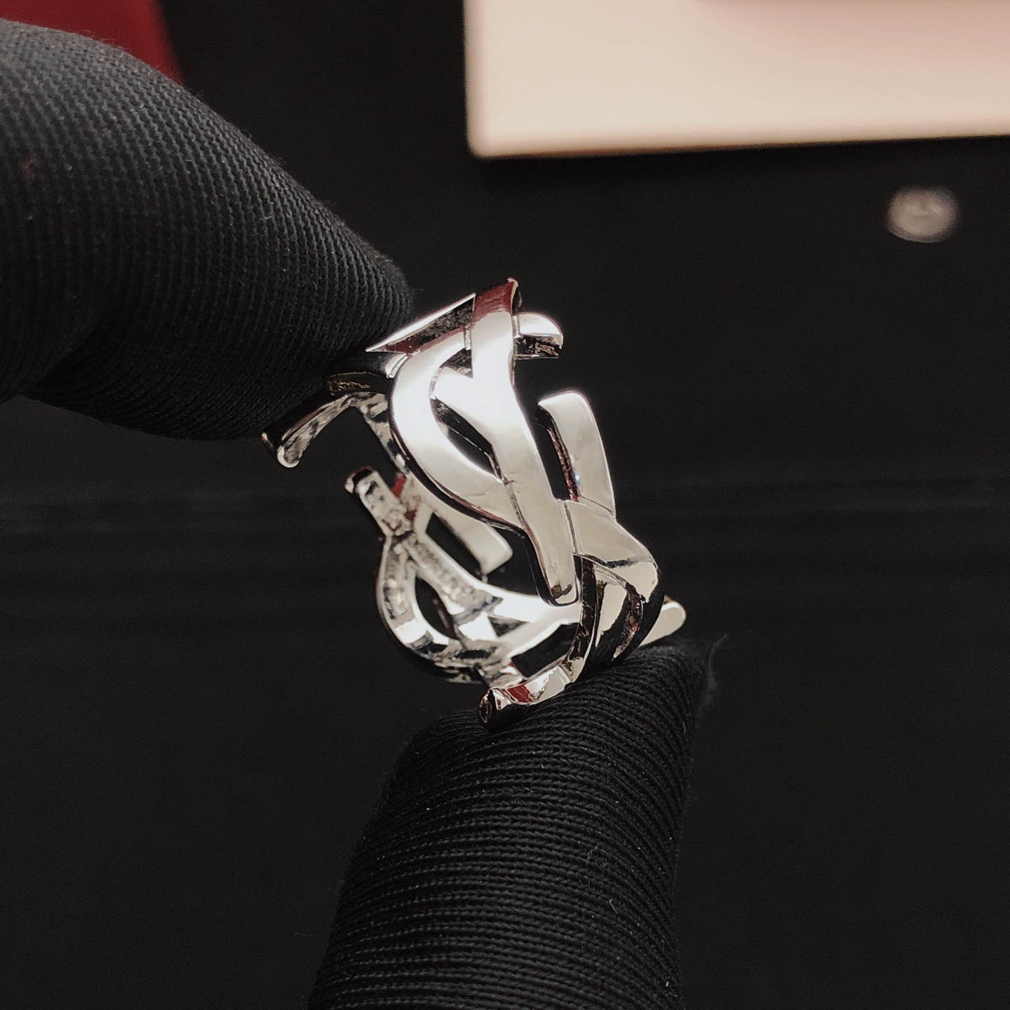 Saint Laurent YSL Monogram Openwork Ring ring silver-toned metal no accent stones US 7