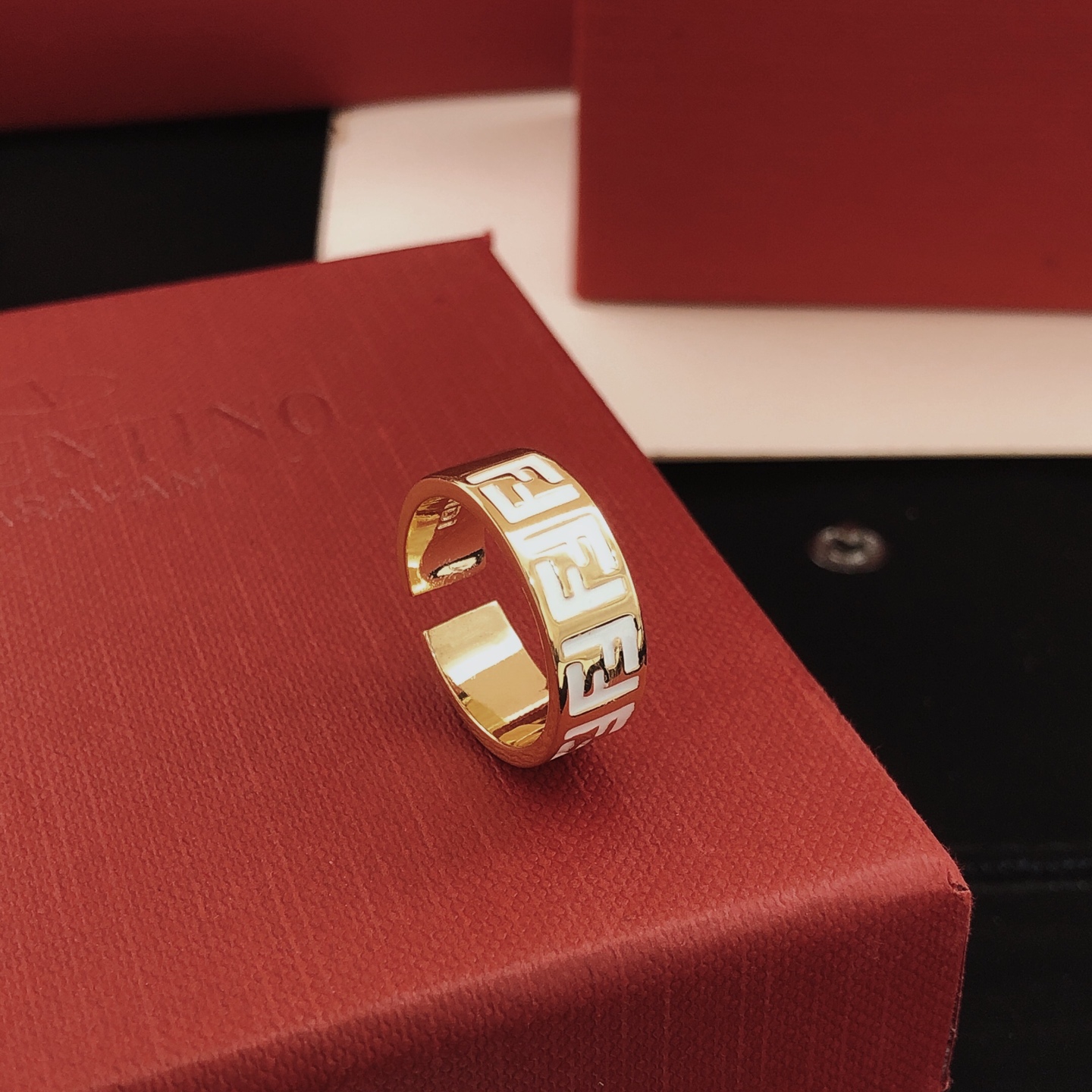 Fendi FF Logo Enamel Open Ring ring gold-tone metal with white and red enamel adjustable open band