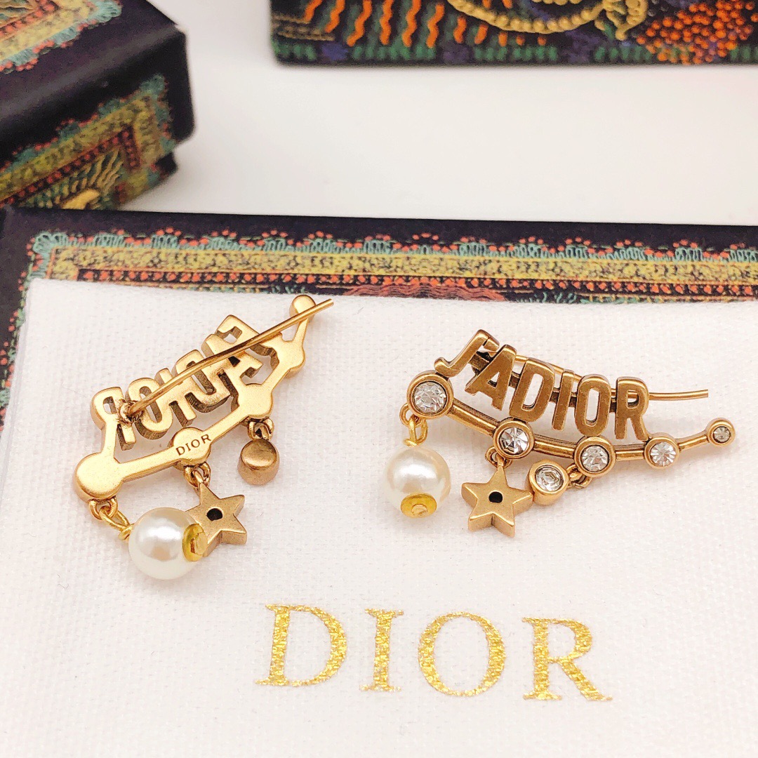 Dior J ADIOR earrings antique gold tone metal clear crystals white faux pearls 3 5cm length