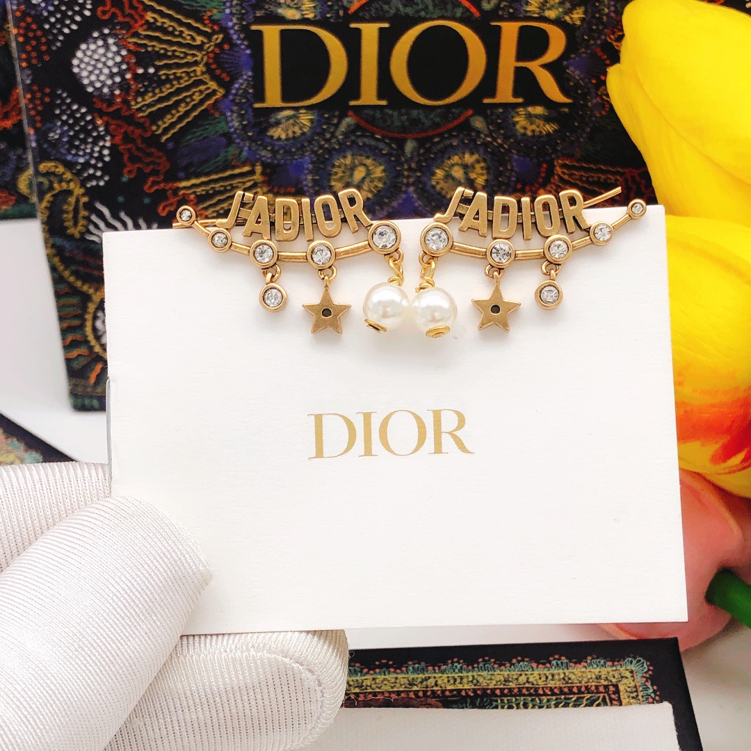 Dior J ADIOR earrings antique gold tone metal clear crystals white faux pearls 3 5cm length