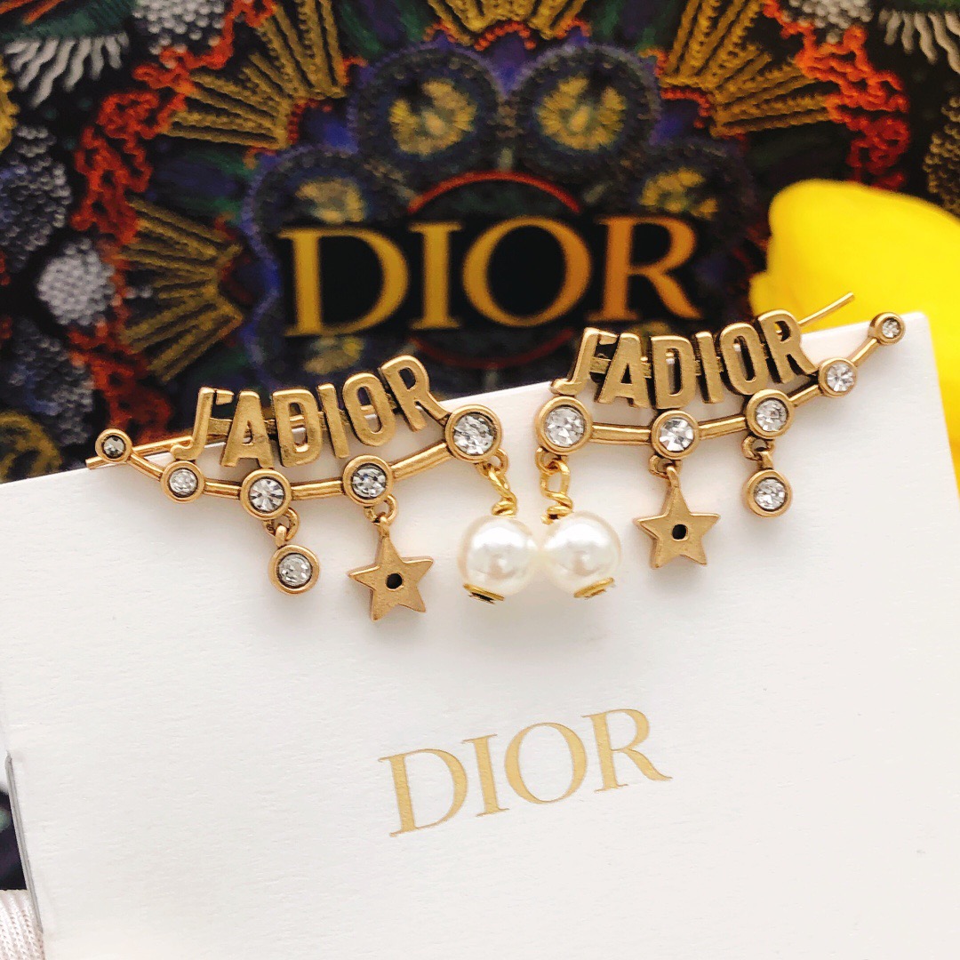 Dior J ADIOR earrings antique gold tone metal clear crystals white faux pearls 3 5cm length