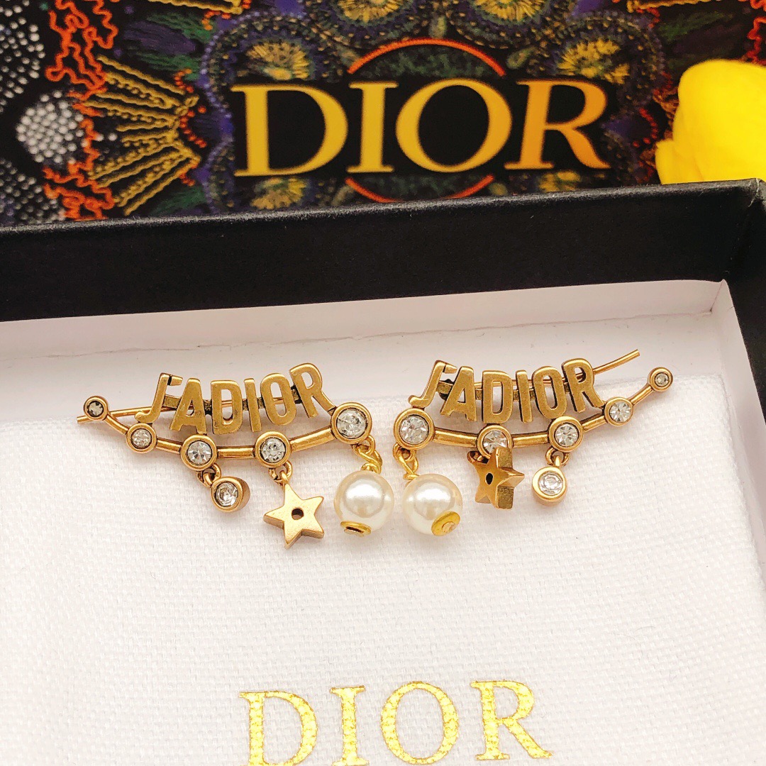 Dior J ADIOR earrings antique gold tone metal clear crystals white faux pearls 3 5cm length