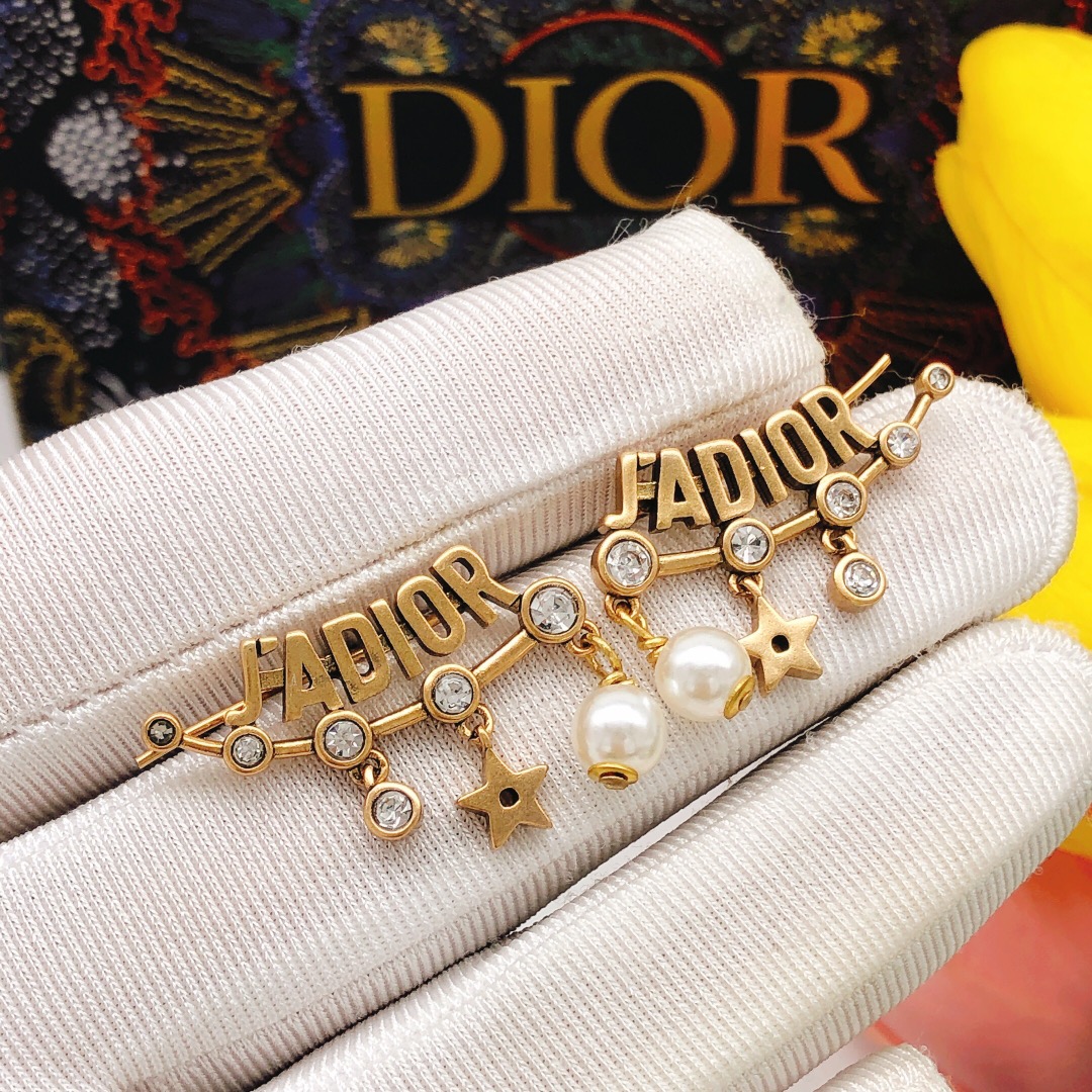 Dior J ADIOR earrings antique gold tone metal clear crystals white faux pearls 3 5cm length