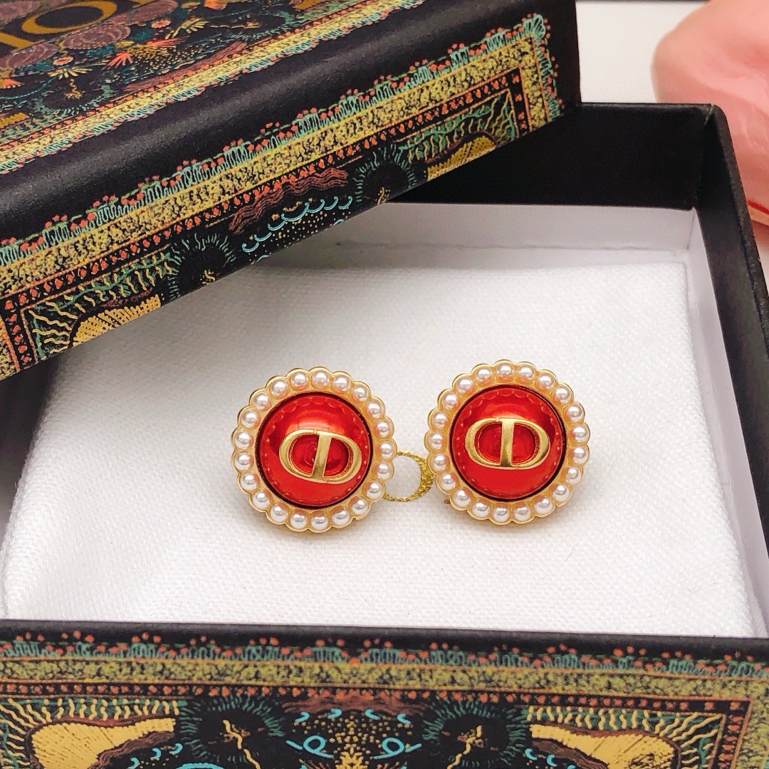 Dior Petit CD Pearl Trim Stud Earrings earrings gold-tone metal red resin center white faux pearl accents 1 8cm diameter