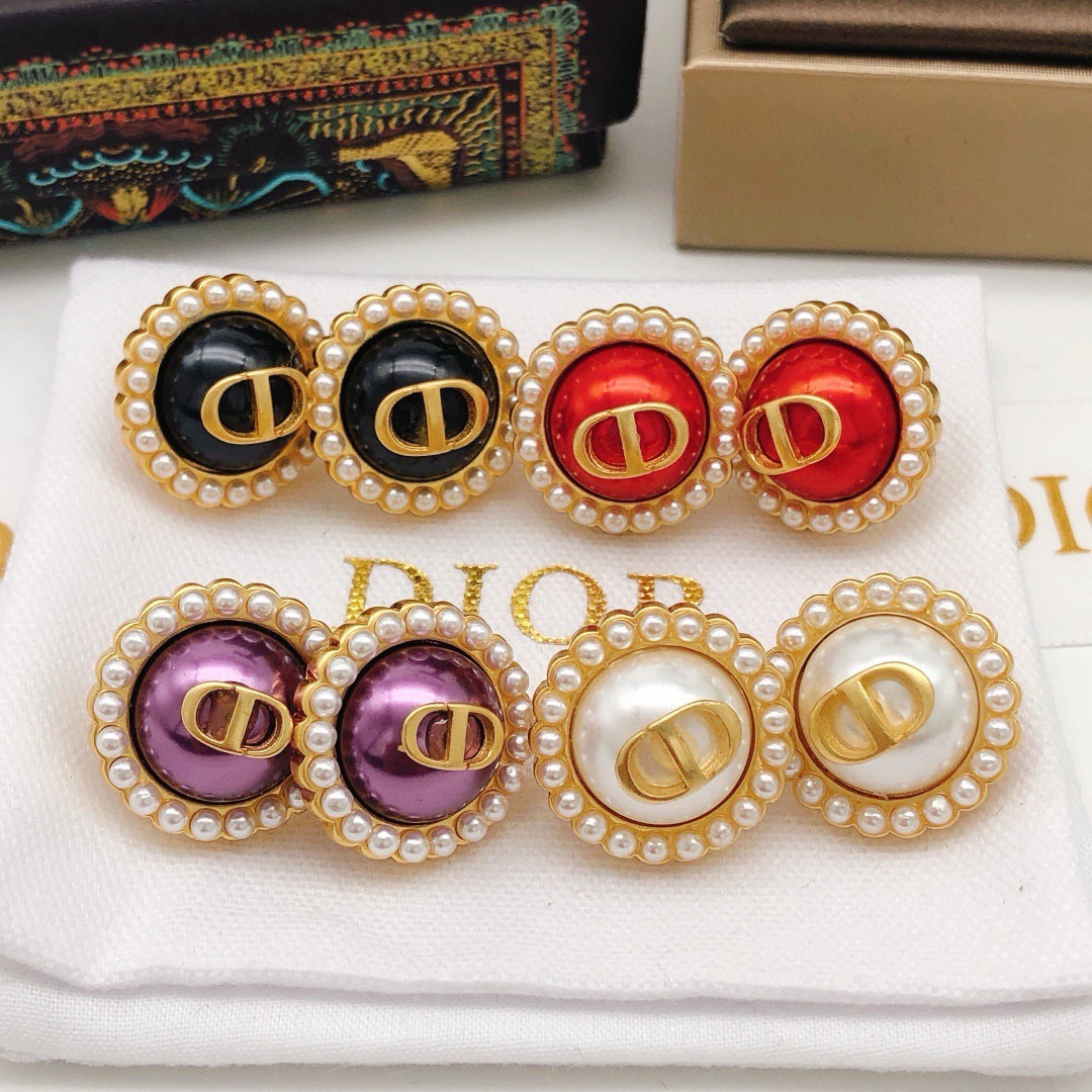 Dior Petit CD Pearl Trim Stud Earrings earrings gold-tone metal red resin center white faux pearl accents 1 8cm diameter