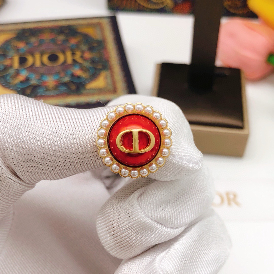 Dior Petit CD Pearl Trim Stud Earrings earrings gold-tone metal red resin center white faux pearl accents 1 8cm diameter