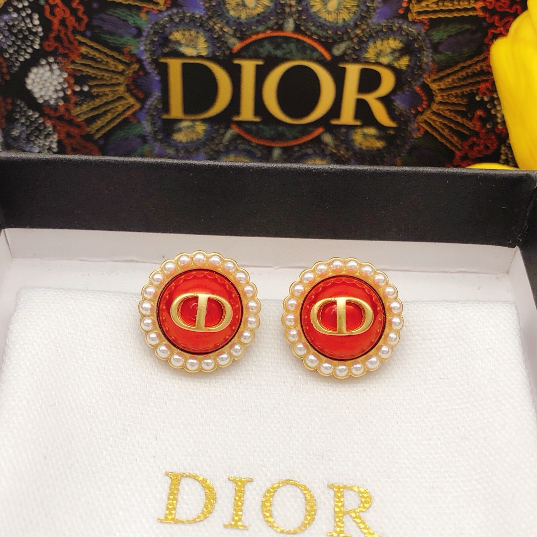 Dior Petit CD Pearl Trim Stud Earrings earrings gold-tone metal red resin center white faux pearl accents 1 8cm diameter