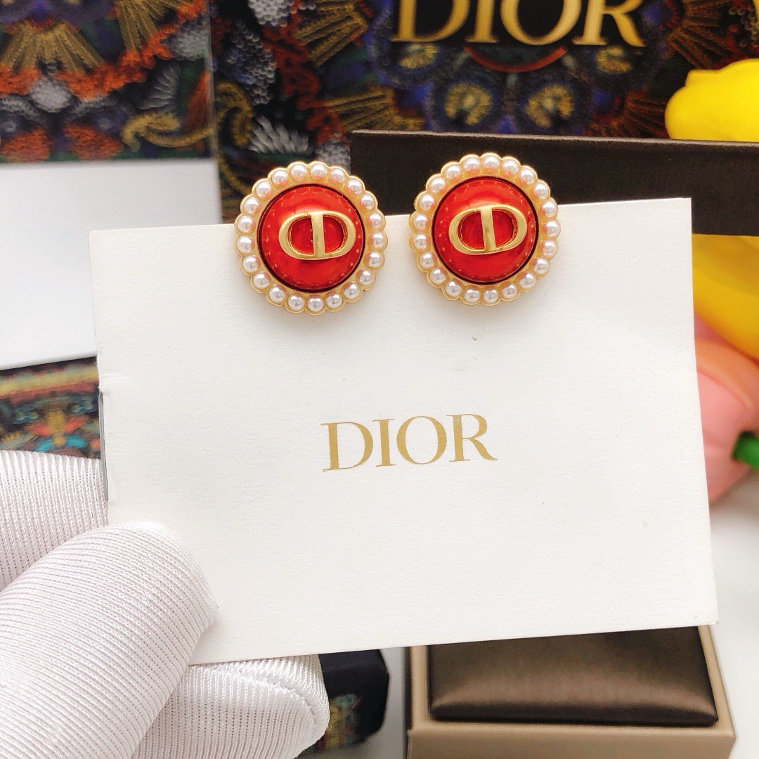 Dior Petit CD Pearl Trim Stud Earrings earrings gold-tone metal red resin center white faux pearl accents 1 8cm diameter