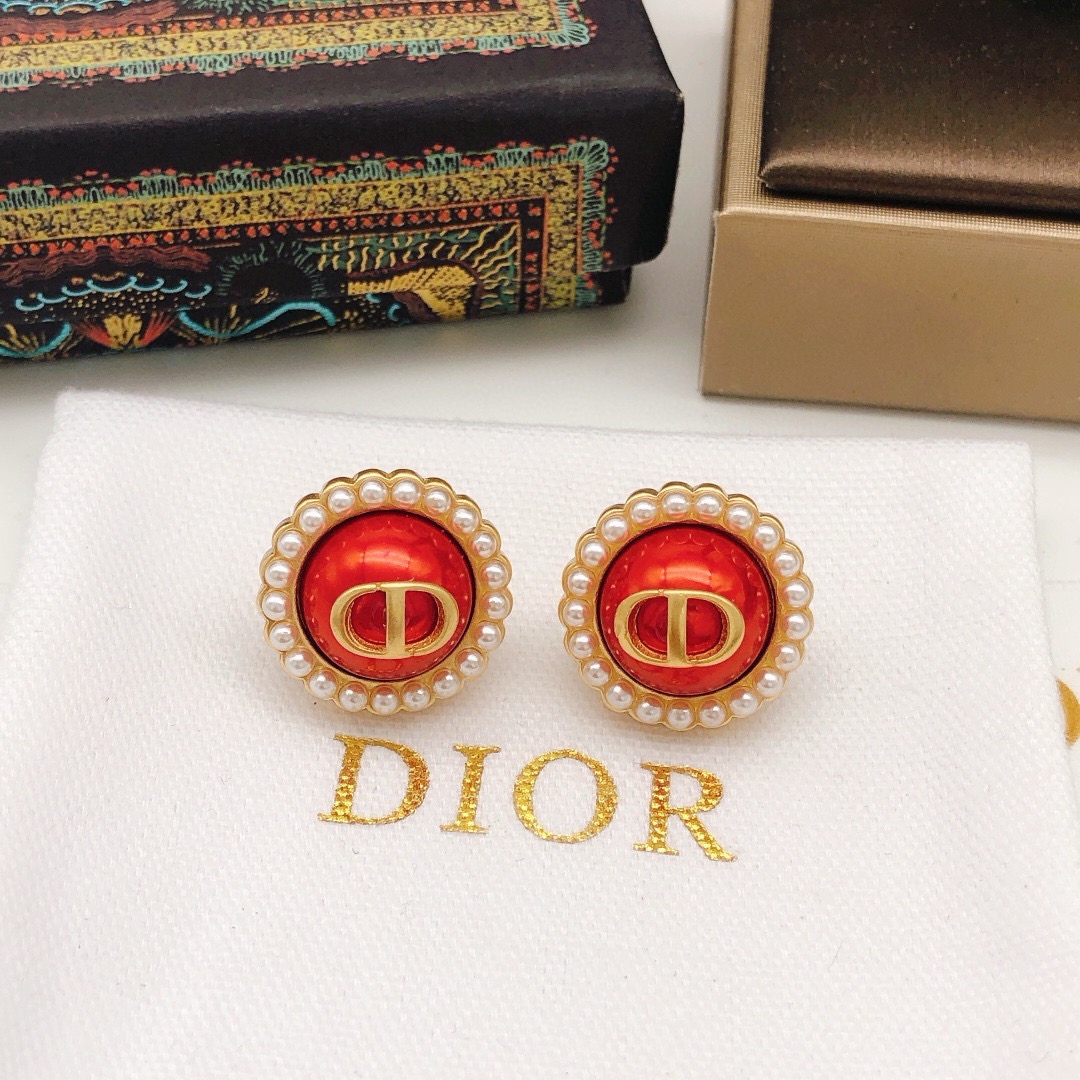 Dior Petit CD Pearl Trim Stud Earrings earrings gold-tone metal red resin center white faux pearl accents 1 8cm diameter