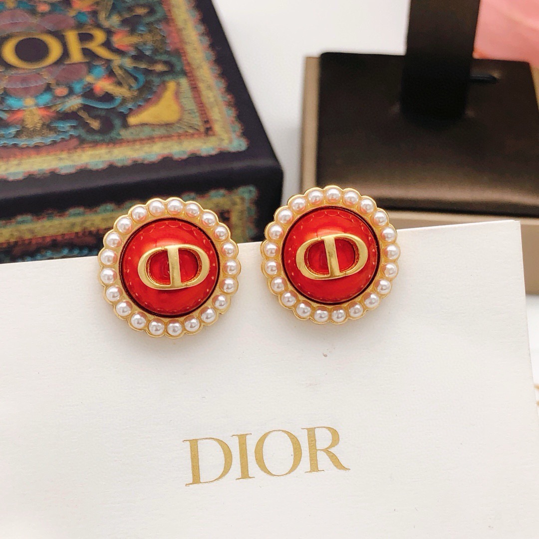 Dior Petit CD Pearl Trim Stud Earrings earrings gold-tone metal red resin center white faux pearl accents 1 8cm diameter