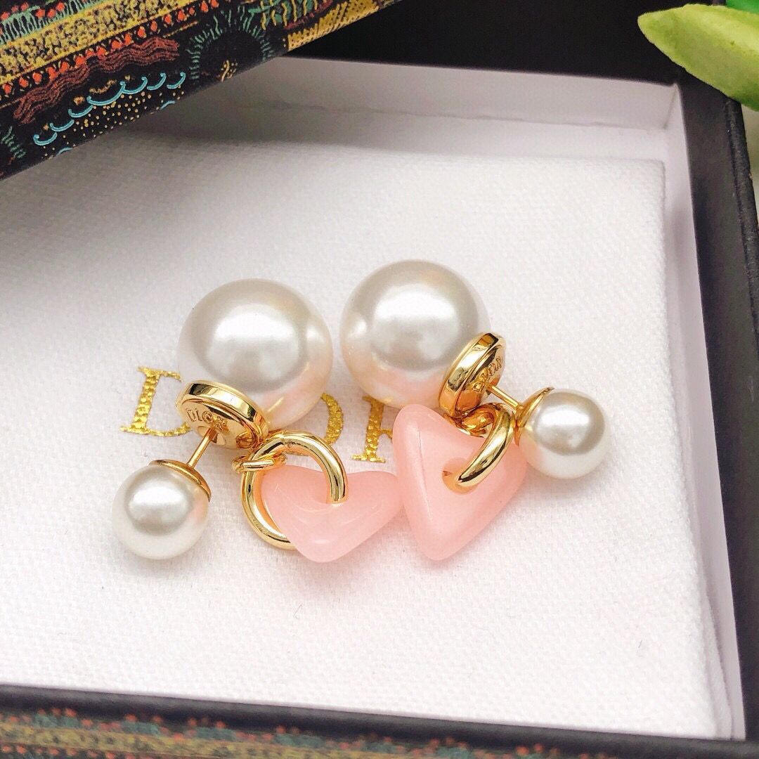 Dior Tribales Pink Heart Pearl Earrings earrings Gold-tone metal white pearls pink resin heart charms One Size