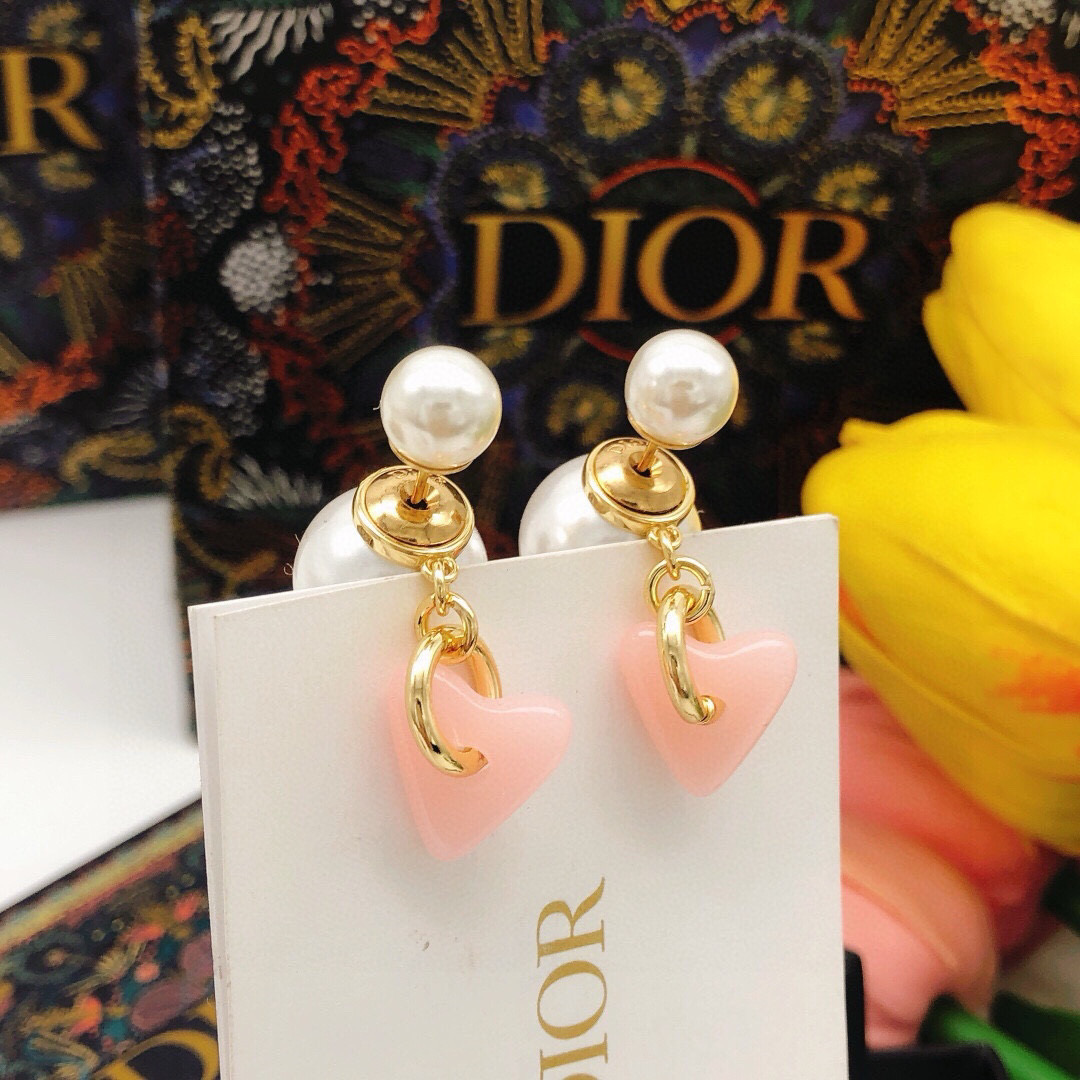 Dior Tribales Pink Heart Pearl Earrings earrings Gold-tone metal white pearls pink resin heart charms One Size