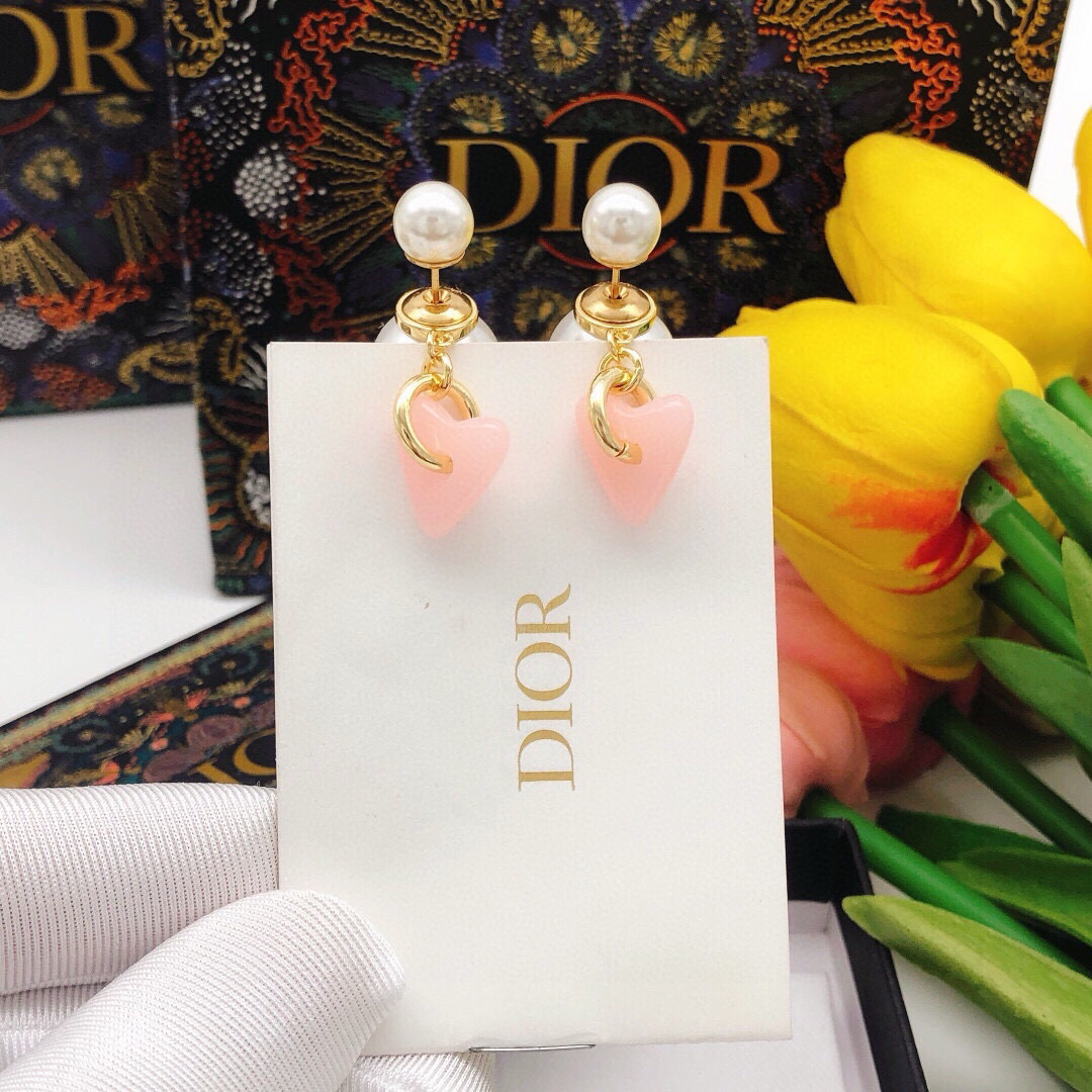 Dior Tribales Pink Heart Pearl Earrings earrings Gold-tone metal white pearls pink resin heart charms One Size