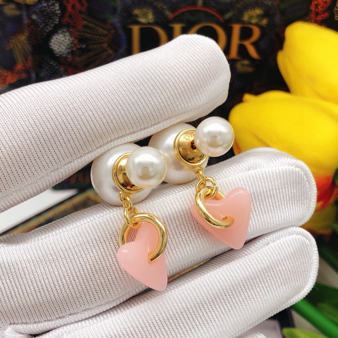 Dior Tribales Pink Heart Pearl Earrings earrings Gold-tone metal white pearls pink resin heart charms One Size