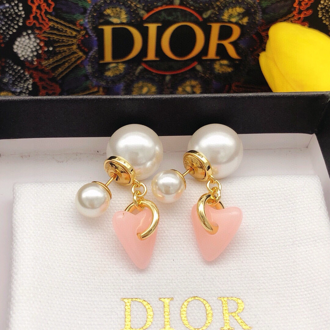 Dior Tribales Pink Heart Pearl Earrings earrings Gold-tone metal white pearls pink resin heart charms One Size