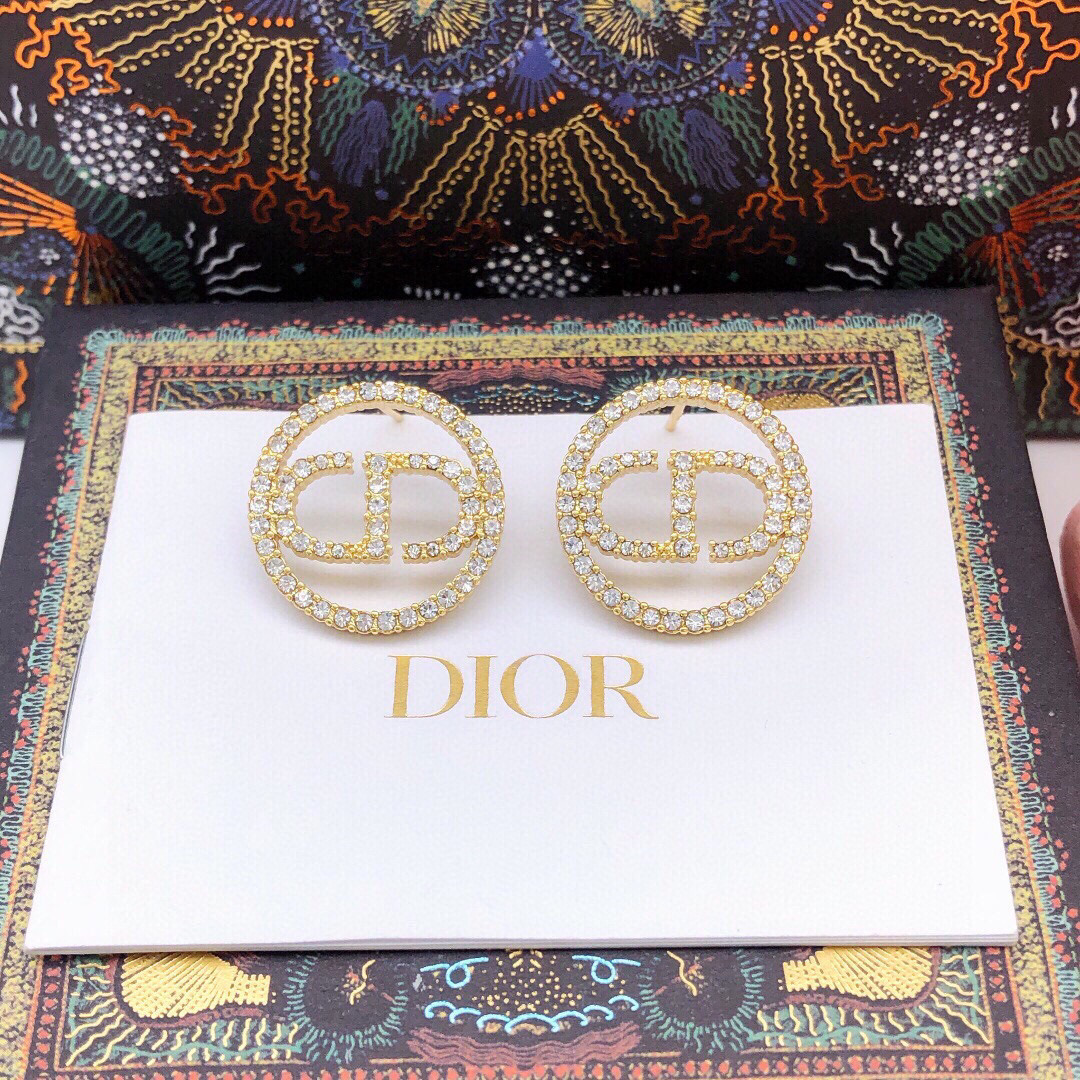 Dior Clair D Lune earrings gold-tone metal with clear crystal accents 2cm diameter