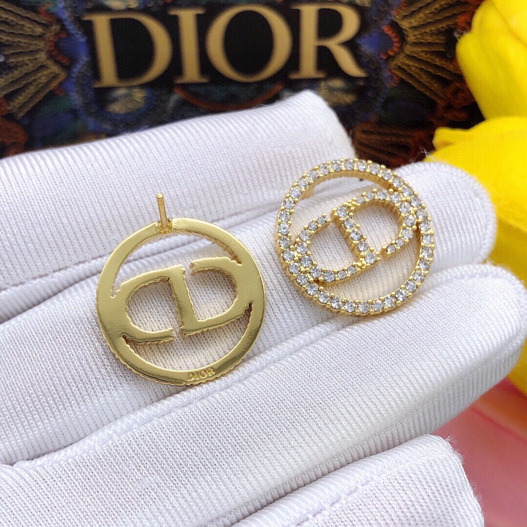 Dior Clair D Lune earrings gold-tone metal with clear crystal accents 2cm diameter