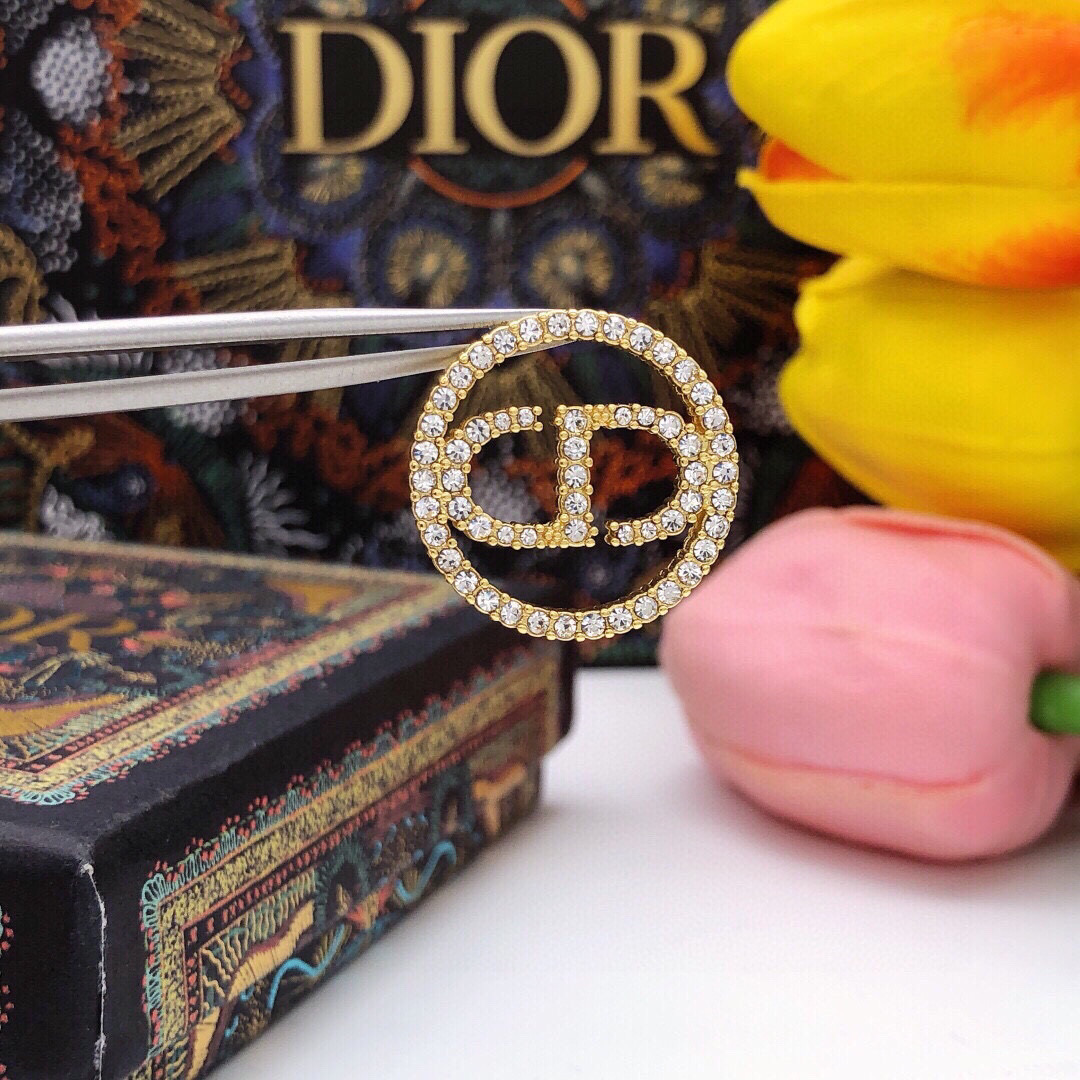 Dior Clair D Lune earrings gold-tone metal with clear crystal accents 2cm diameter