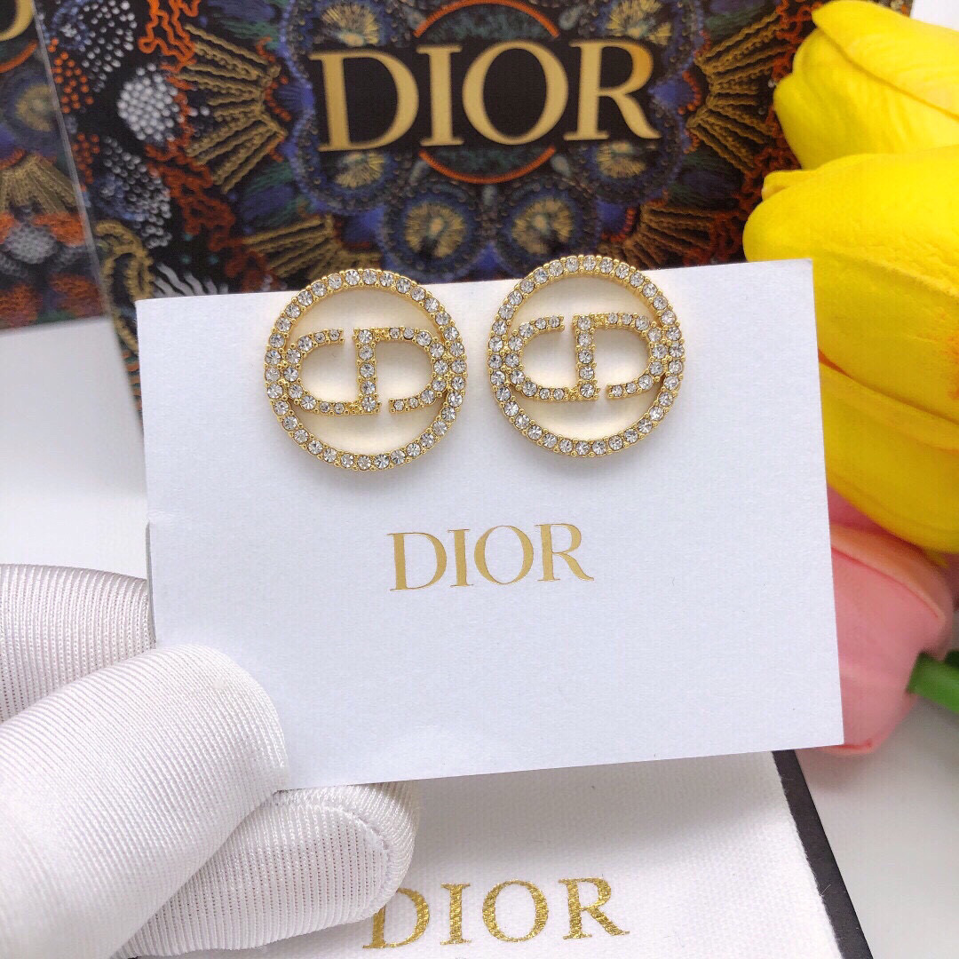 Dior Clair D Lune earrings gold-tone metal with clear crystal accents 2cm diameter