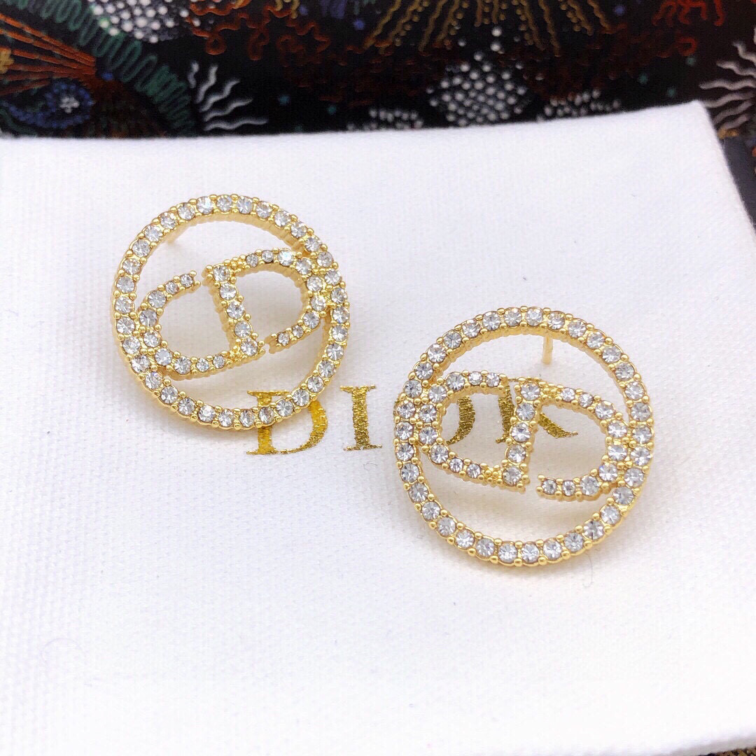 Dior Clair D Lune earrings gold-tone metal with clear crystal accents 2cm diameter