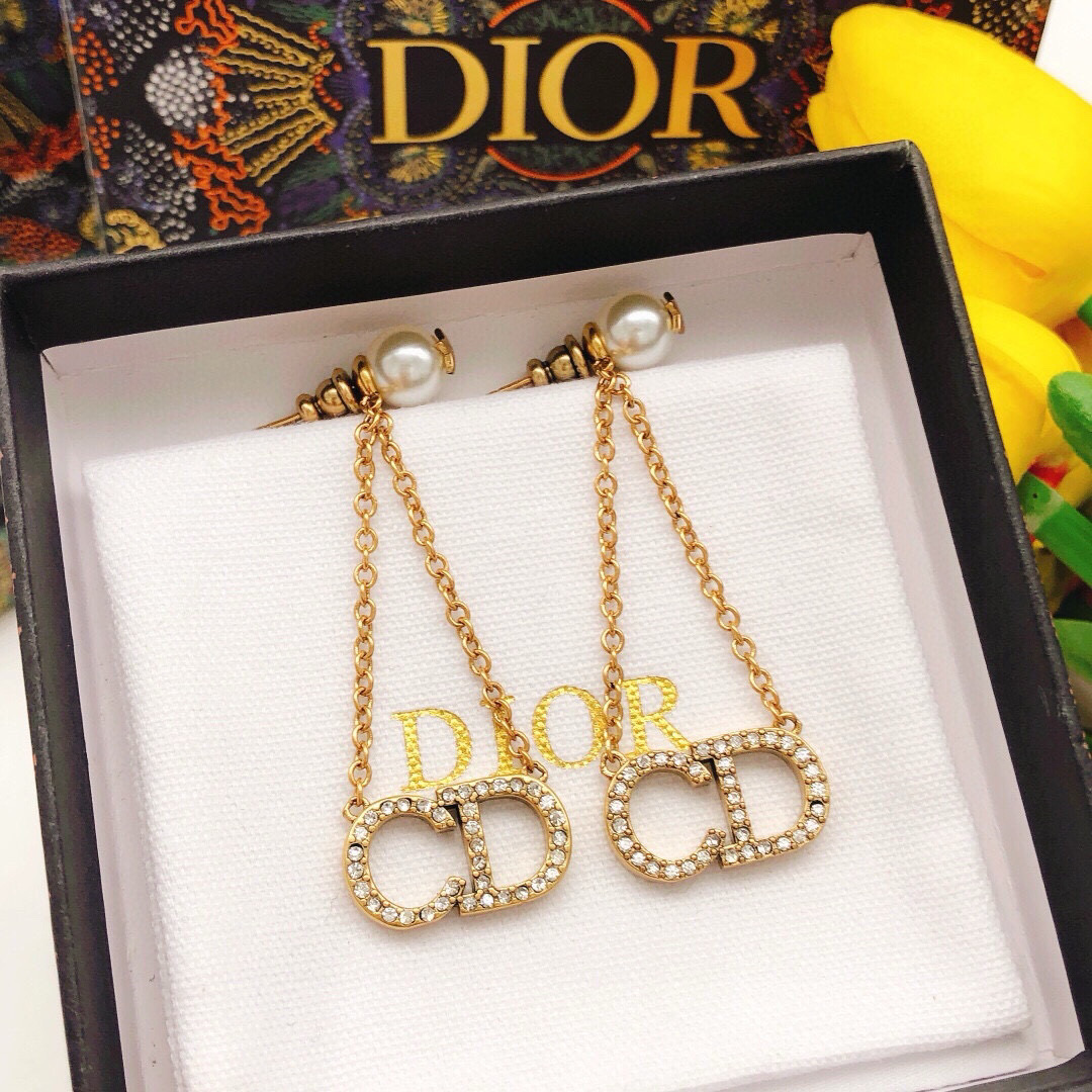Dior CD Logo Pearl Drop earrings vintage gold metal white pearl clear crystal 4 5cm drop length