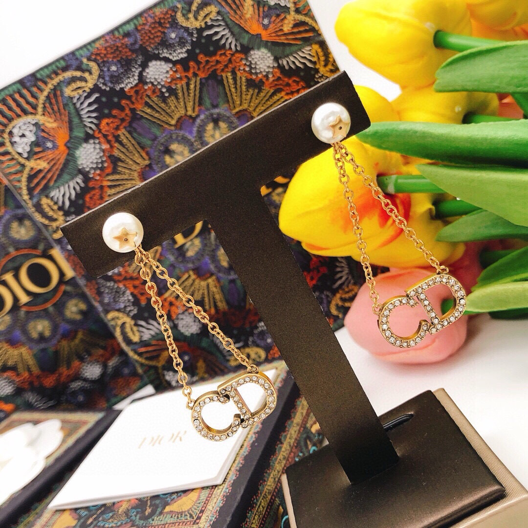 Dior CD Logo Pearl Drop earrings vintage gold metal white pearl clear crystal 4 5cm drop length