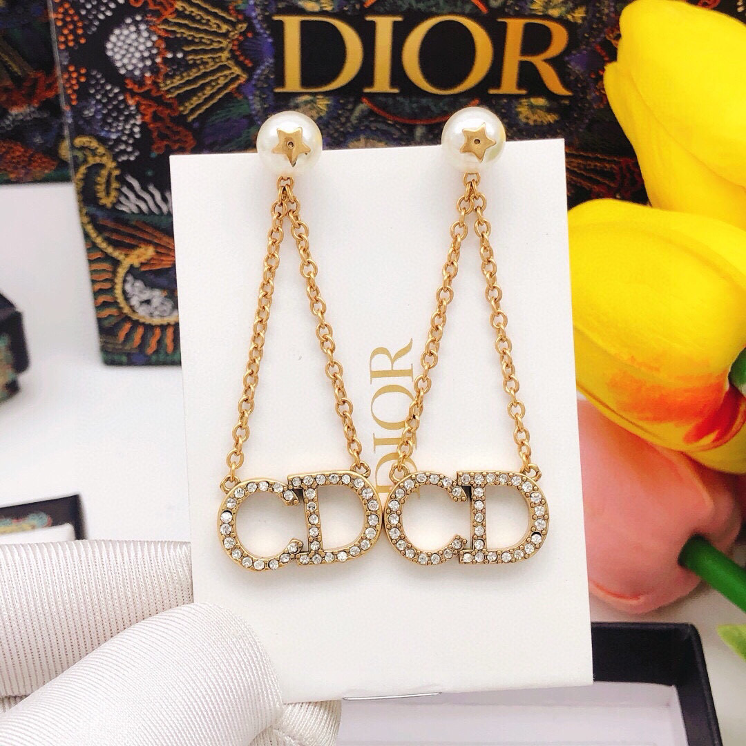 Dior CD Logo Pearl Drop earrings vintage gold metal white pearl clear crystal 4 5cm drop length