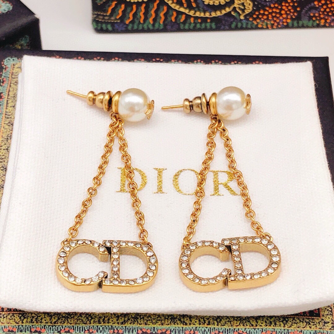 Dior CD Logo Pearl Drop earrings vintage gold metal white pearl clear crystal 4 5cm drop length