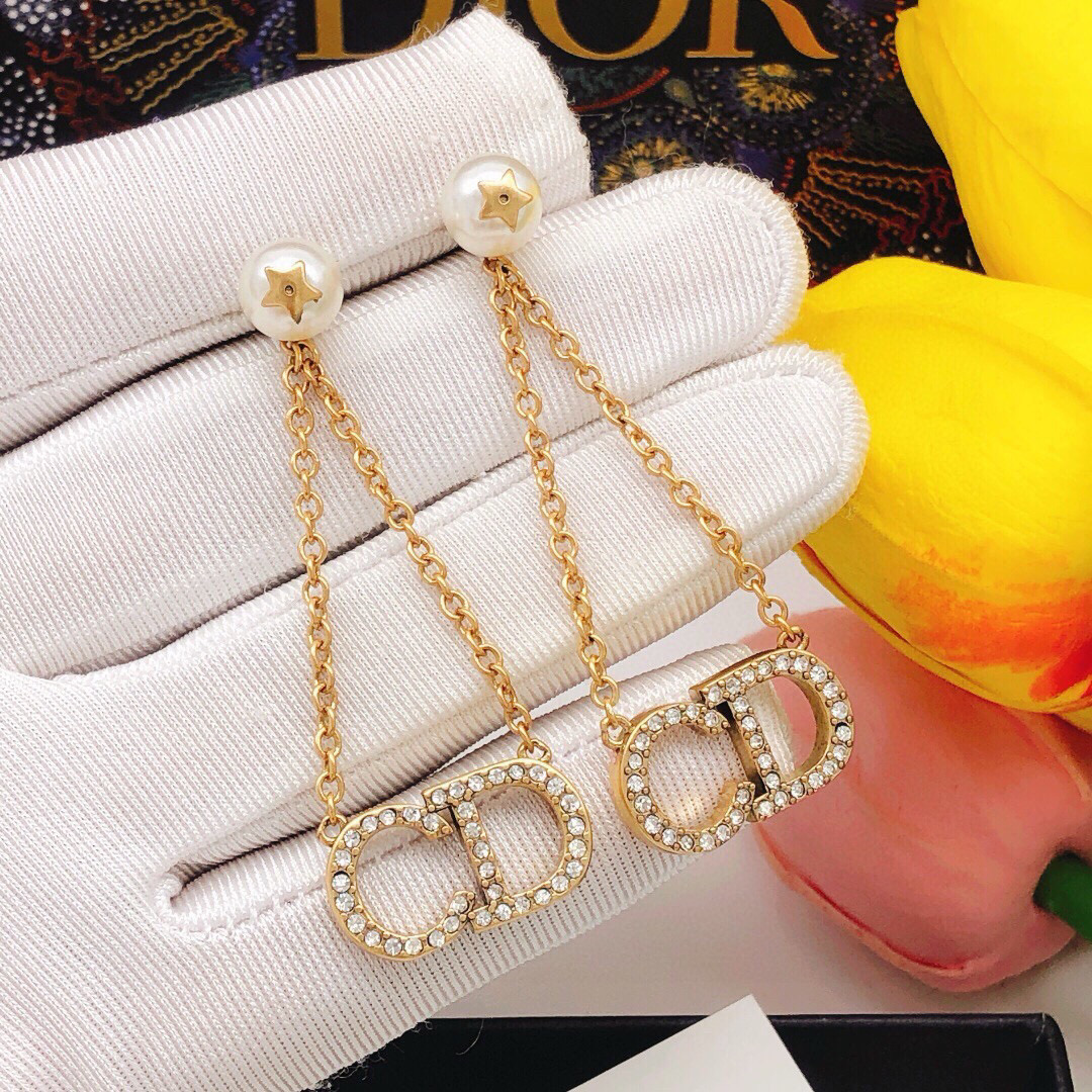 Dior CD Logo Pearl Drop earrings vintage gold metal white pearl clear crystal 4 5cm drop length