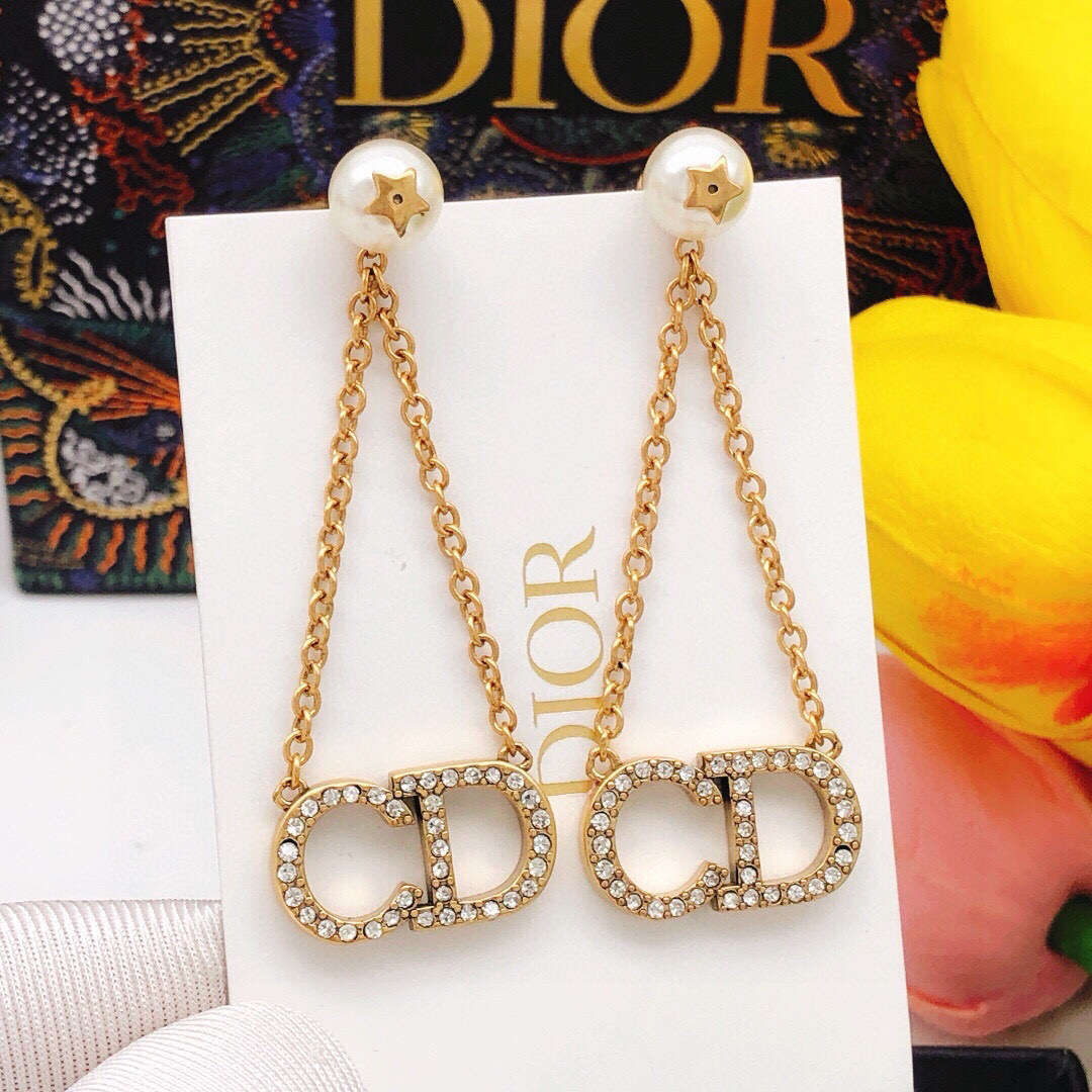 Dior CD Logo Pearl Drop earrings vintage gold metal white pearl clear crystal 4 5cm drop length
