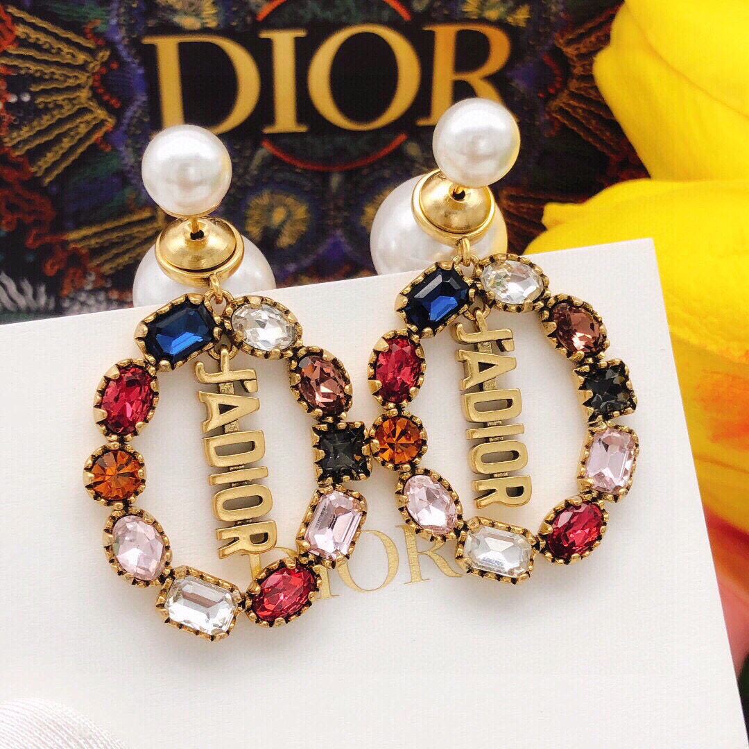 Dior J Adior earrings Antique gold-tone metal with white faux pearls and multicolor crystals blue clear red orange pink black brown One Size