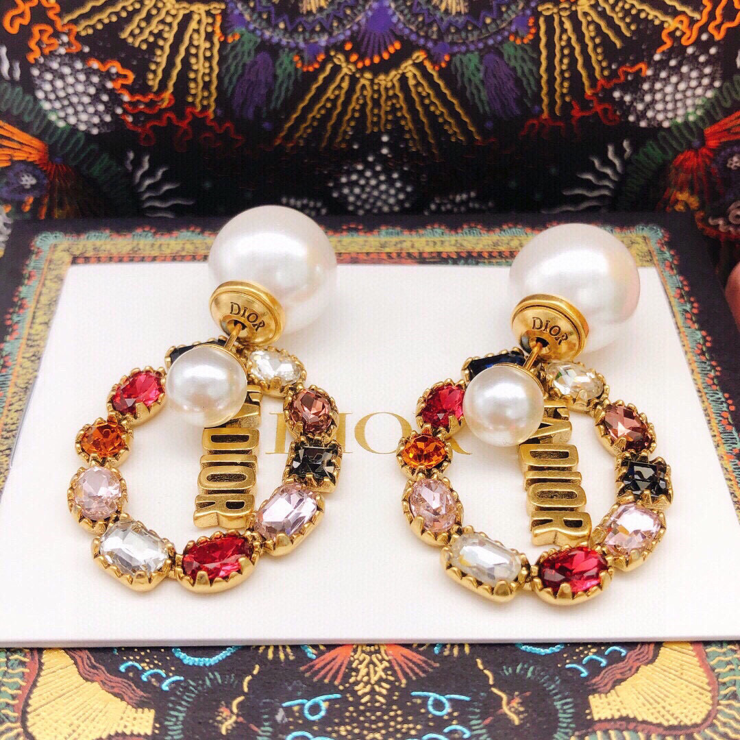 Dior J Adior earrings Antique gold-tone metal with white faux pearls and multicolor crystals blue clear red orange pink black brown One Size