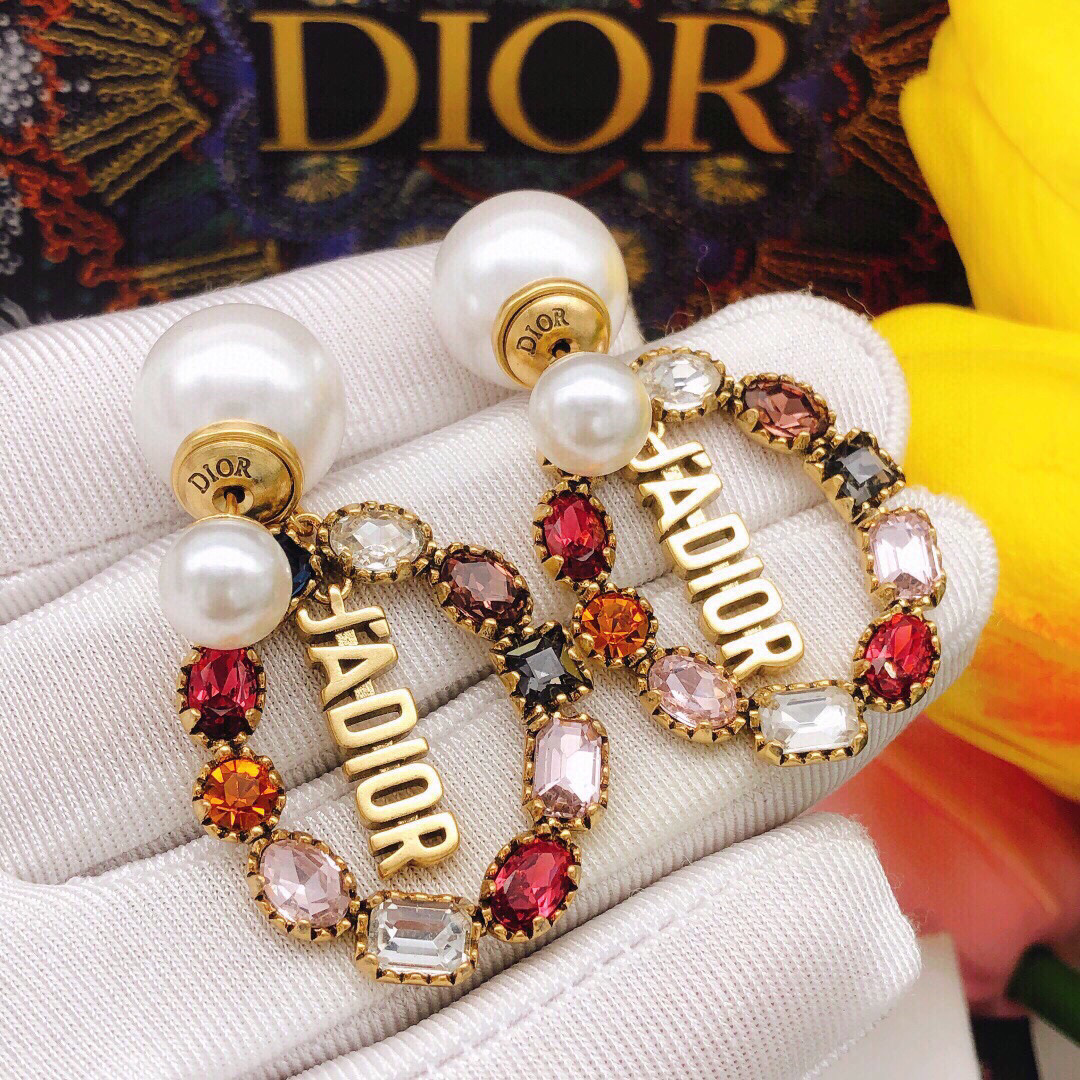 Dior J Adior earrings Antique gold-tone metal with white faux pearls and multicolor crystals blue clear red orange pink black brown One Size