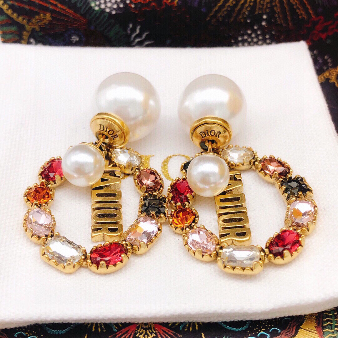 Dior J Adior earrings Antique gold-tone metal with white faux pearls and multicolor crystals blue clear red orange pink black brown One Size