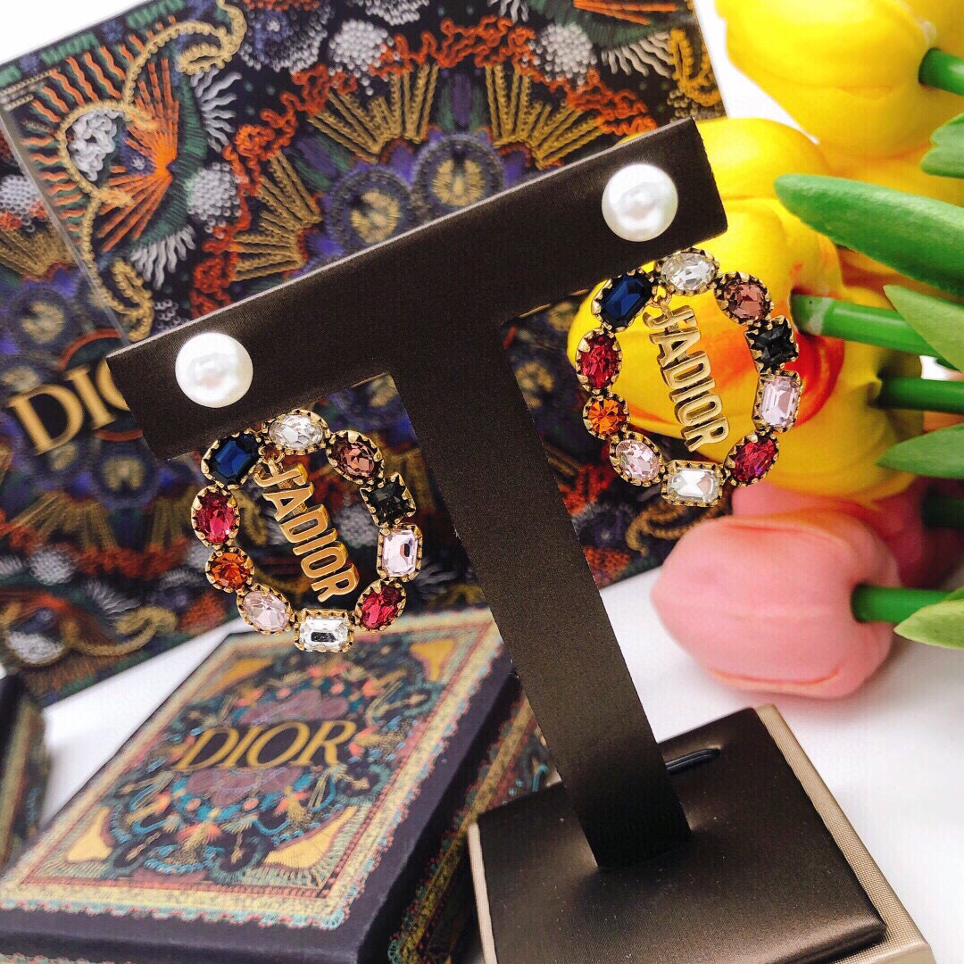 Dior J Adior earrings Antique gold-tone metal with white faux pearls and multicolor crystals blue clear red orange pink black brown One Size