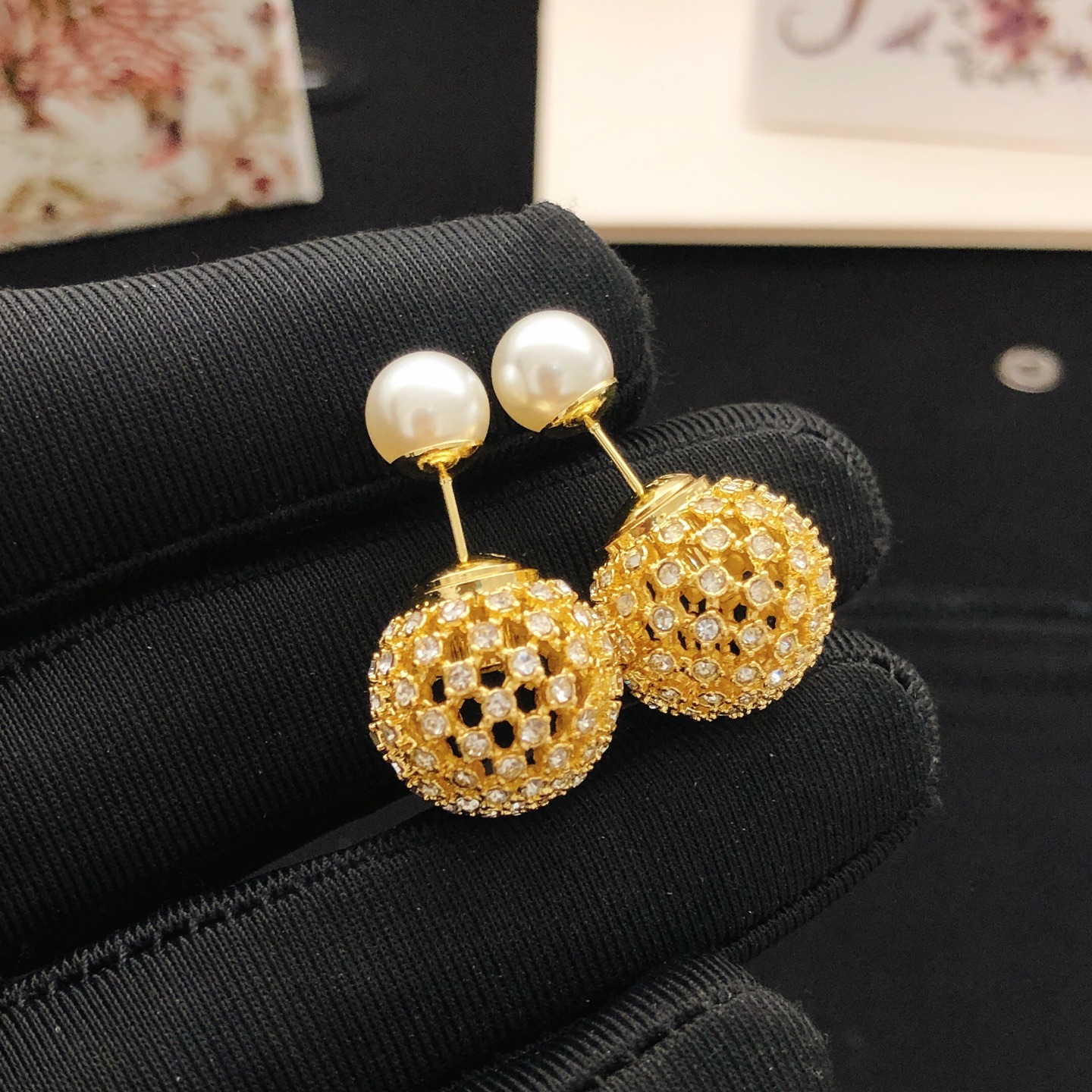 Dior Tribales earrings gold-tone metal clear crystal white pearl 1 5cm drop length