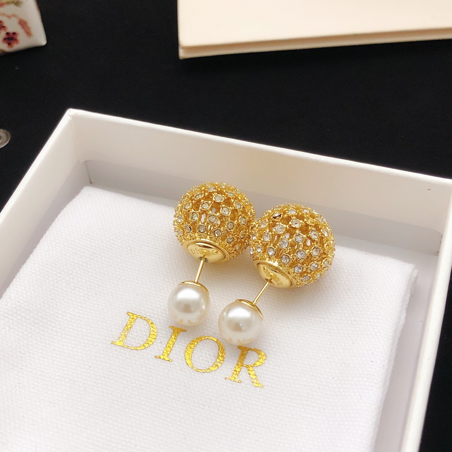 Dior Tribales earrings gold-tone metal clear crystal white pearl 1 5cm drop length